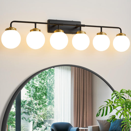 Deyidn Black Gold Bathroom Light Fixtures Over Mirror  Modern Vanity Lighting With Milk White Glass Globe Shades 6-Light Farmhouse Wall Sconce