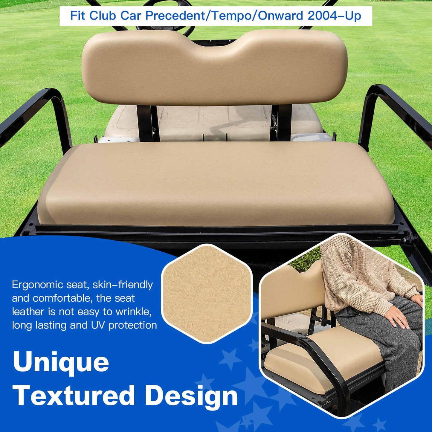 NOKINS Golf Cart Rear Seat Kit, Back Flip Seat for Club Car Precedent/Tempo/Onward 2004-Up, 1.25-Inch Square Steel Frame, Integrated Seat Belt Mounts, UV-Resistant, High-Density Foam Padding(Buff)