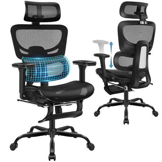 AreShark Office Chair Ergonomic Desk Chair,High Back Computer Chair with 3D Headrest & Armrests,Gaming Chair with Lumbar Support,90-135°Tilt Lock Mesh Office Chair with Footrest,Wheels,Black