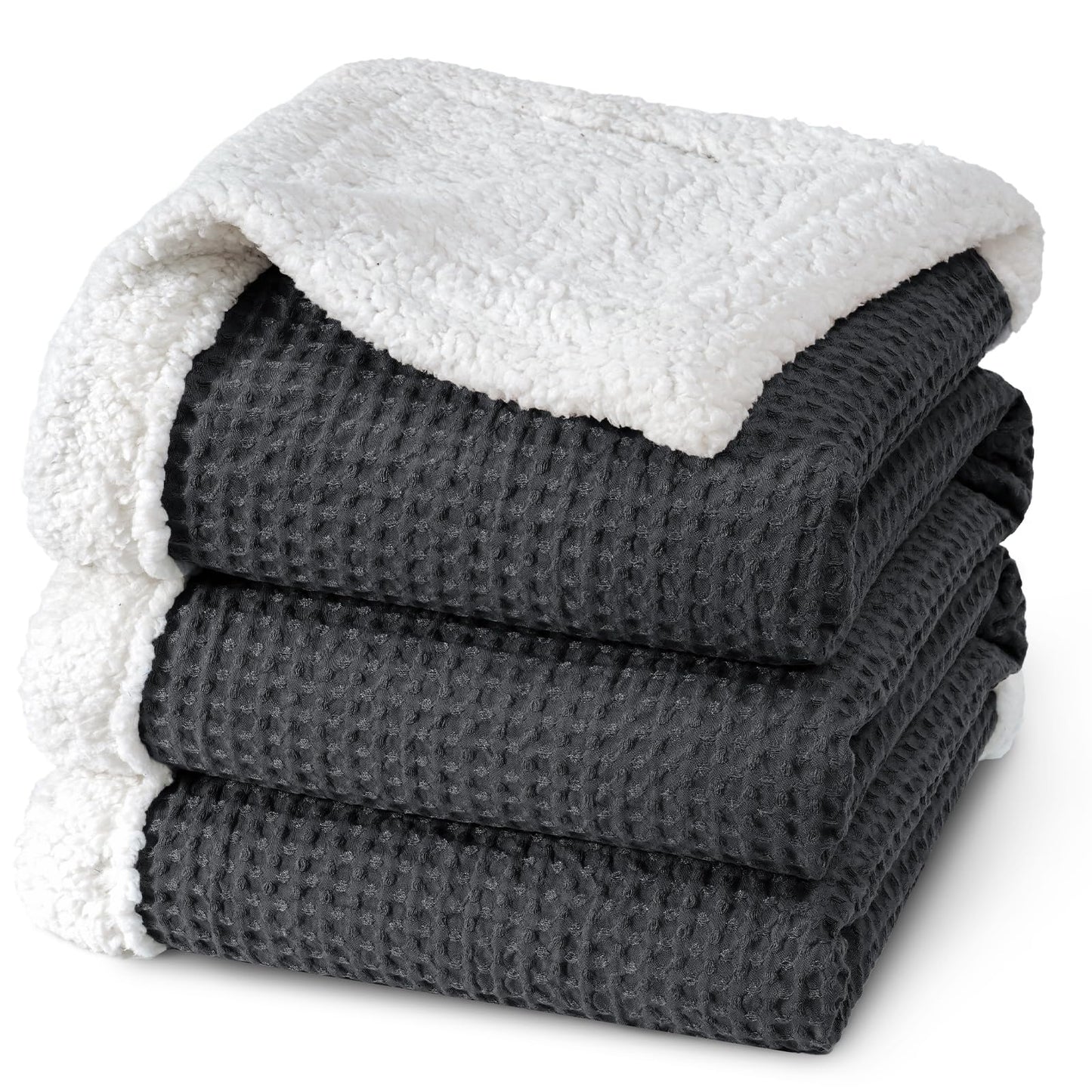 PHF Waffle Sherpa Throw Blanket, 50x60 Inches Luxury Plush Flannel Blanket for Winter, No Shed No Pilling, Cozy Soft Reversible Waffle Weave Fleece Throws for Bed and Couch, Khaki