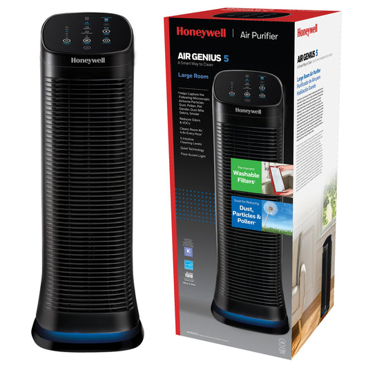 Honeywell Air Genius 5 Air Purifier for Large Rooms up to 1200 Ft², Permanent Washable Filters, Reduces Dust, Pollen, Pet Dander, Odors, Smoke, Black, HFD320