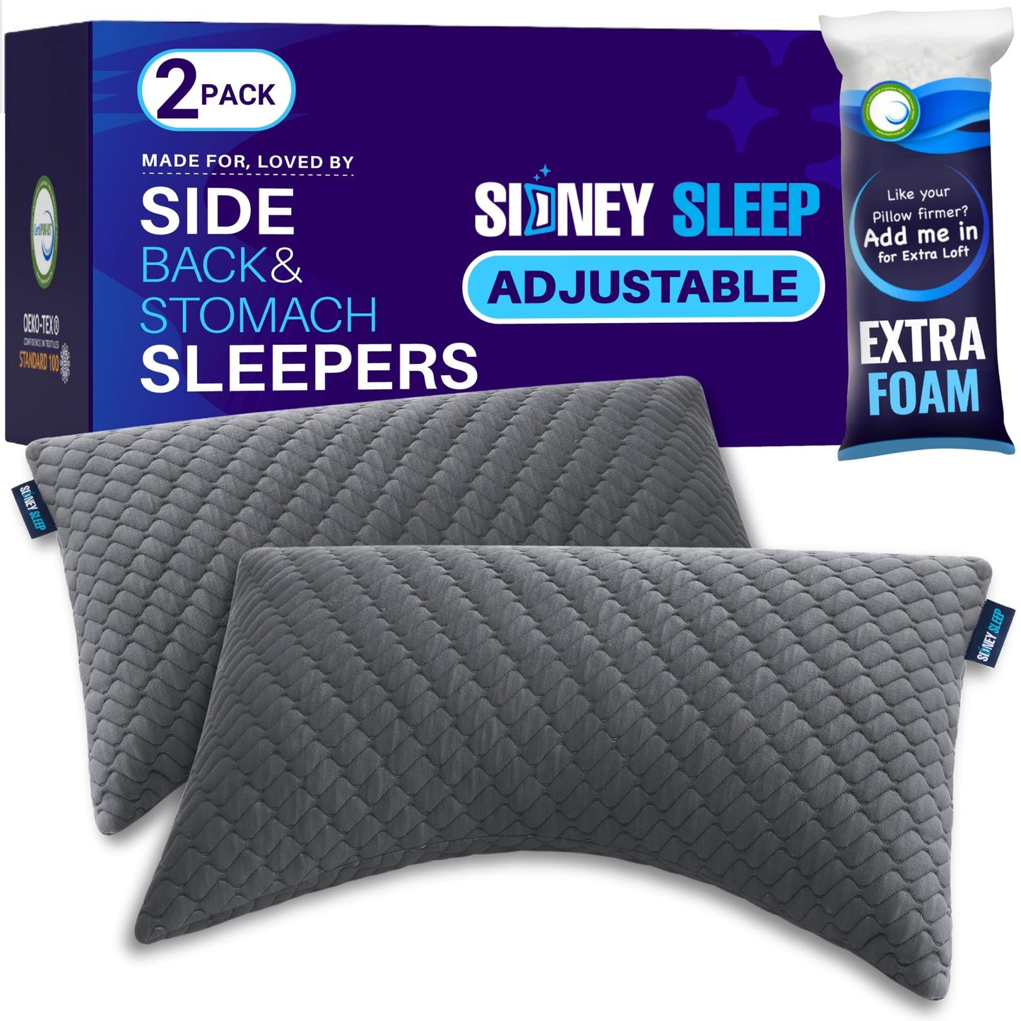 Sidney Sleep Mini Travel Size Neck Pillow - Knee, Back Lumbar and Support - Small Curved Pillow - 14 x 19 Inches - Adjustable Loft - Washable - Drawstring Backpack Included (Mini - Grey)