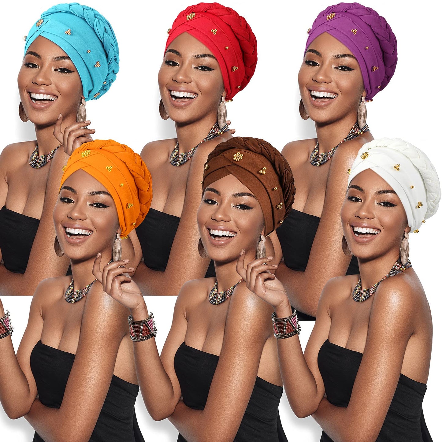 6 Pieces Women African Turban Head Wraps Caps Twisted Braid Beaded Elastic Wrap Cap