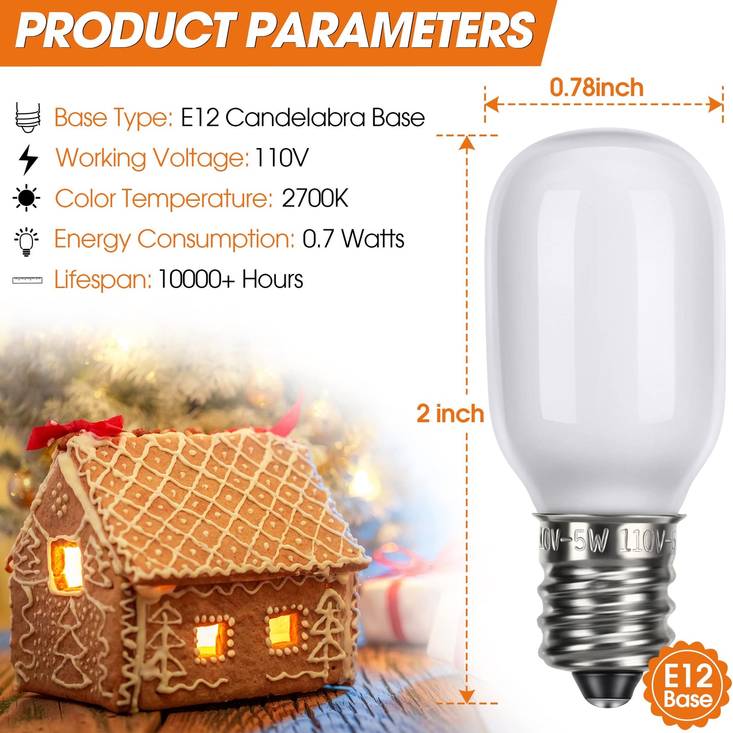 Meonum Christmas Village Replacement Light Bulbs  E12 Candelabra Base T20 Led Bulbs  0.7W 120V Replacement Light Accessories For Villages Houses  Christmas Tree  Halloween Pumpkin(90 Pieces)