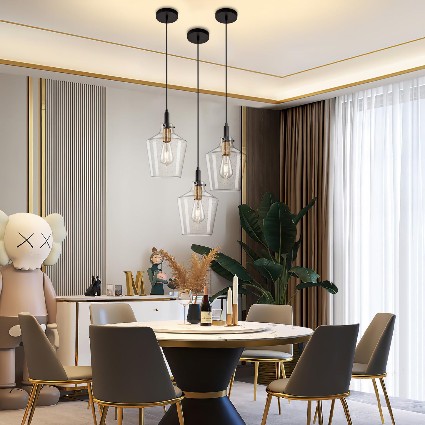 Vaziden Modern Seeded Glass Pendant Lighting For Kitchen Island 1 Pack  Farmhouse Black And Gold Pendant Light Fixtures  Height Adjustable Ceiling Pendant Light  Angled Seeded Glass Shades 8 Inch