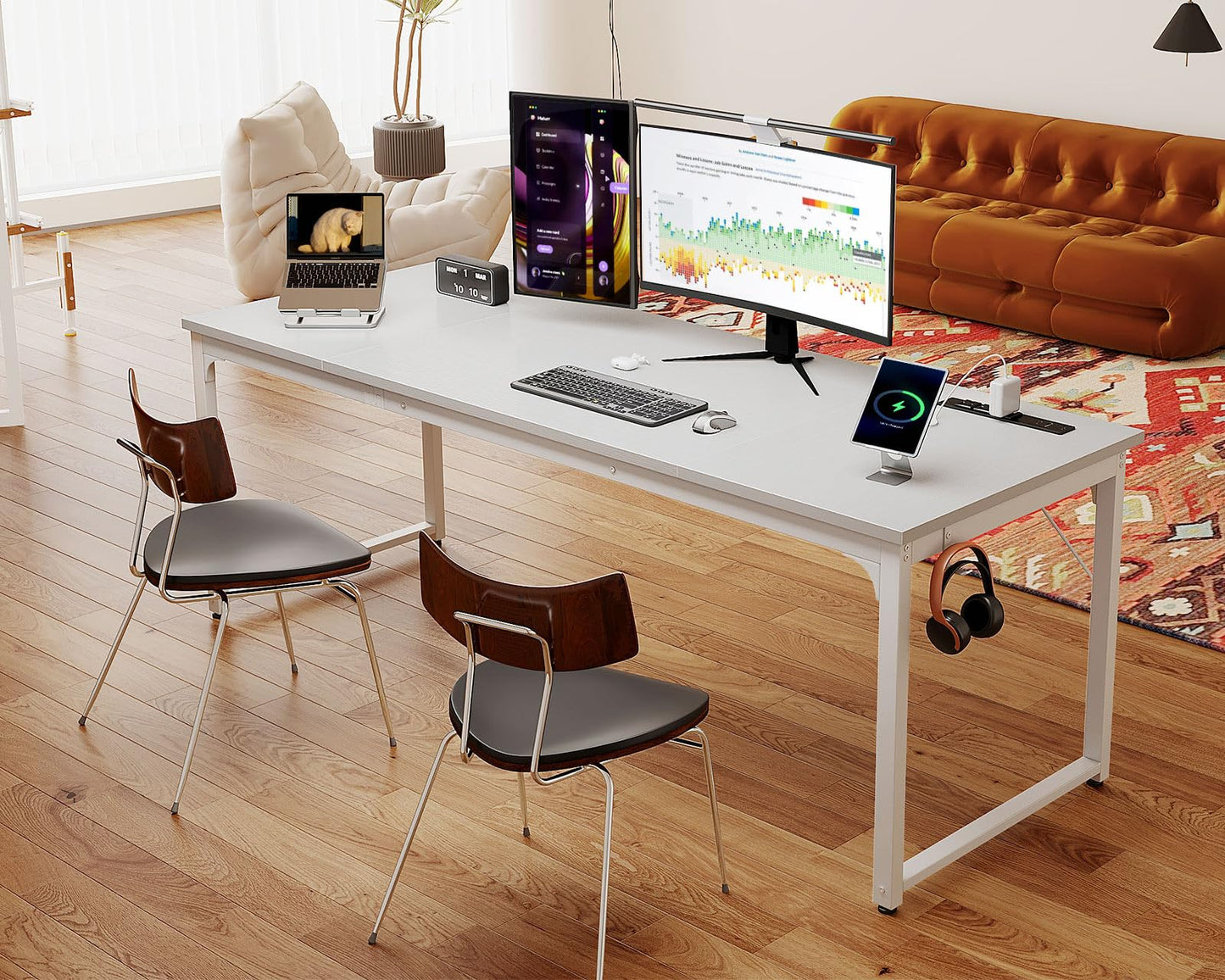 Coleshome 71 Inch Computer Desk with USB Ports, Large Office Desk, Long Study Student Writing Desk, White