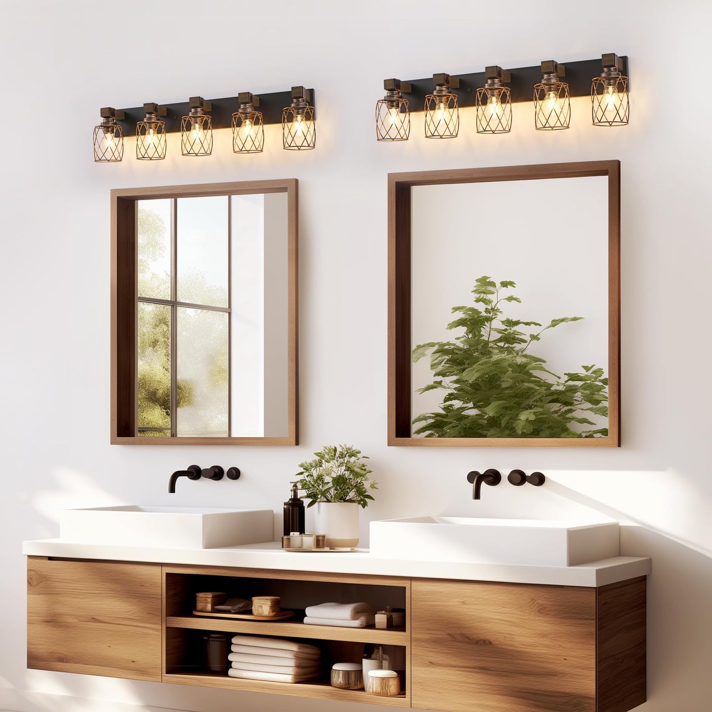 Farmhouse Bathroom Vanity Light  5-Light Wood Bathroom Light Fixtures Over Mirror  Black And Gold Industrial Vanity Lights With Metal Shade  Rustic Bathrooms Lighting For Living Room Bedroom Hallway