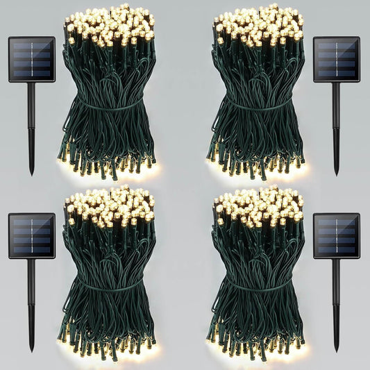 4 Pack Total 800 Led Solar Christmas Lights Outdoor  Solar String Lights For Outside With 8 Modes  Waterproof Green Wire Solar Powered Tree Light For Xmas Party Yard Garden Decorations (Warm White)