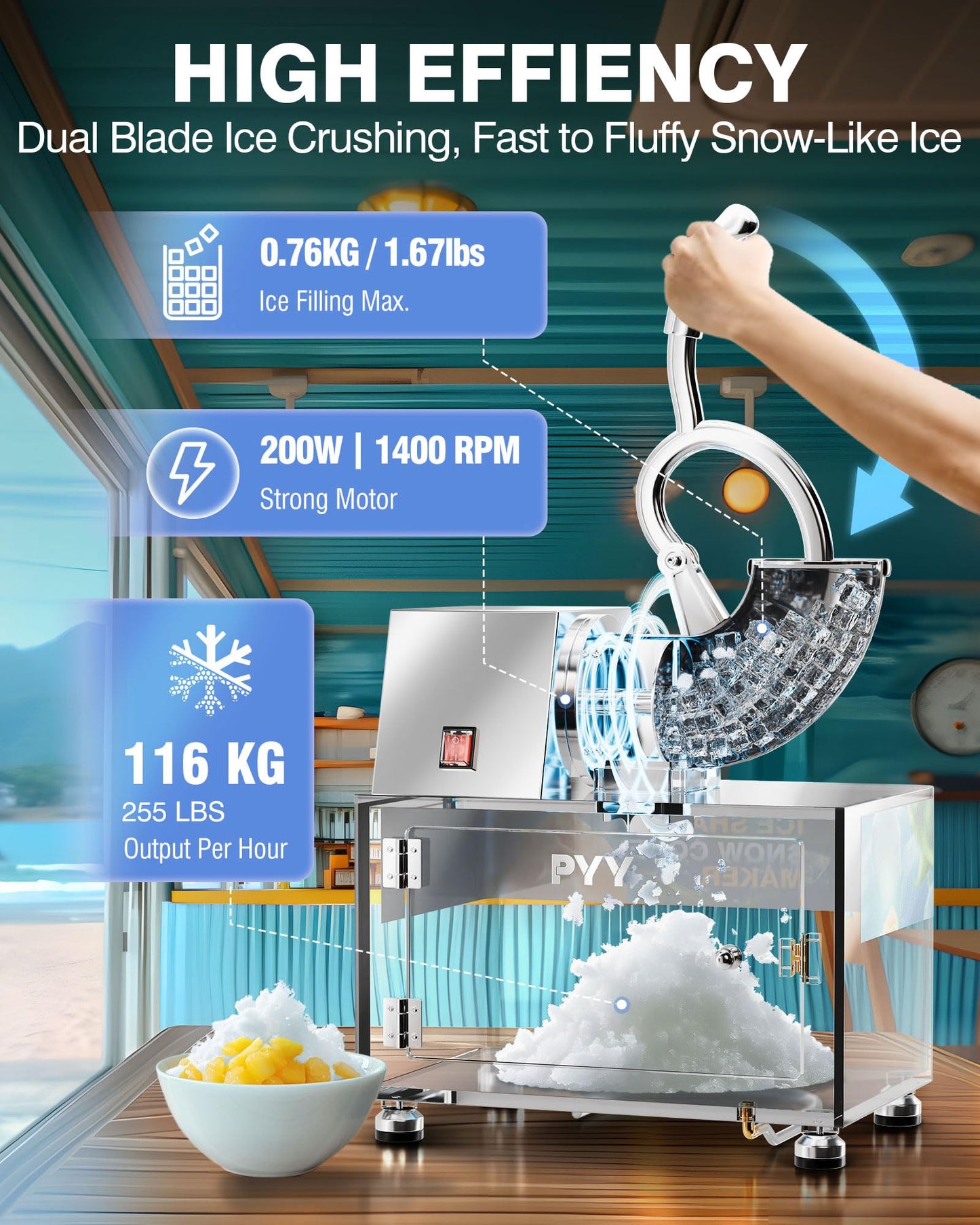 PYY Snow Cone Machine - Commercial Ice Crusher Shaver, Electric Crushed Shaved Snowcone Maker, All-Copper Motor 440LBS/H 1400RPM, Stainless Steel Full Body, Dual Blades, Acrylic Box and Drain Pipe