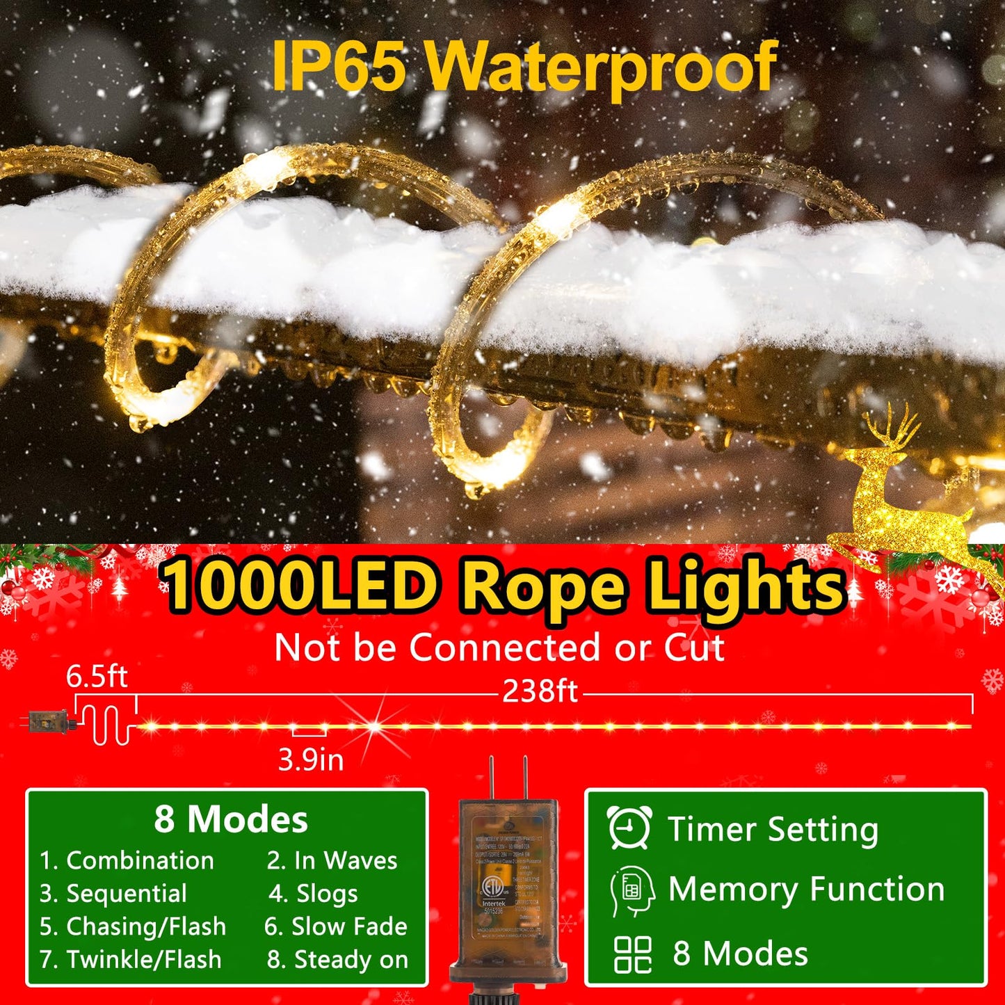 Knonew 164Ft 1000Led Rope Lights For Outside Outdoor String Lights Waterproof 8 Modes Clear Tube Light For Indoor Bedroom Wedding Garden Patio Christmas Tree Rv Holiday Decoration(Warm White)