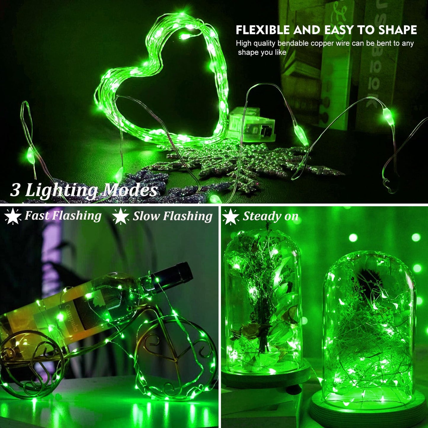 Aikei 100 Pack Led Fairy Lights Battery Operated  3 Modes Mini String Lights Waterproof 7 Feet 20 Led Firefly Starry Lighting For Birthday Wedding Party Bedroom Halloween Christmas Decoration Green