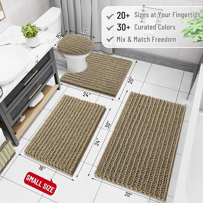 Arotive Luxury Chenille Bathroom Rug Mat, Extra Soft Thick Absorbent Shaggy Bath Rugs, Non-Slip Machine Wash Dry, Plush Bath Mats for Bathroom, Shower and Tub, 59x35, Camel