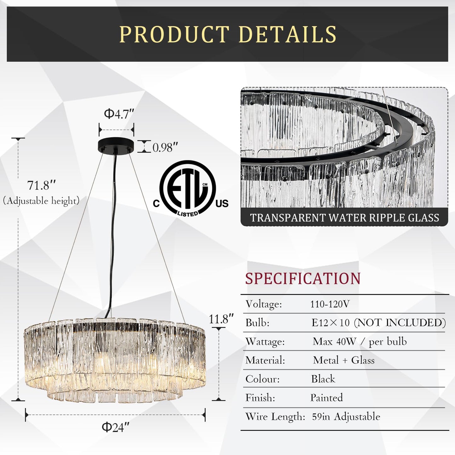 Modern Crystal Glass Round Chandelier 24 Black Chandeliers 10-Light Drum Pendant Ceiling Light Fixtures stylish 2 Tiers Hanging Lighting For Dining Room Foyer Living Room Bedroom