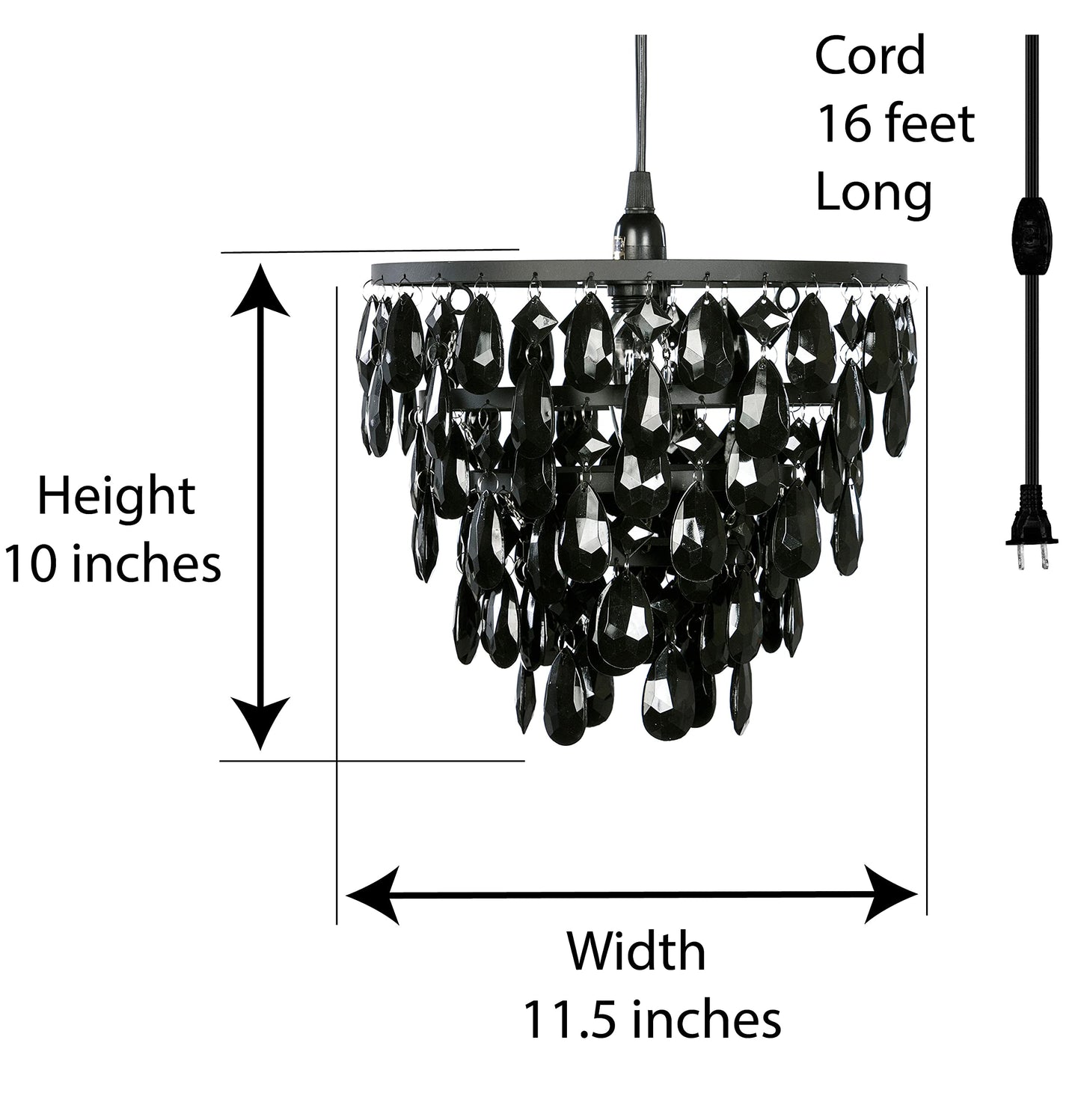 gypsy color Plug-in Chandelier, 1 Light, Black Metal Frame, Five Tiers of Black Acrylic Crystals, Model GYDMBK, H10”xW11.5”