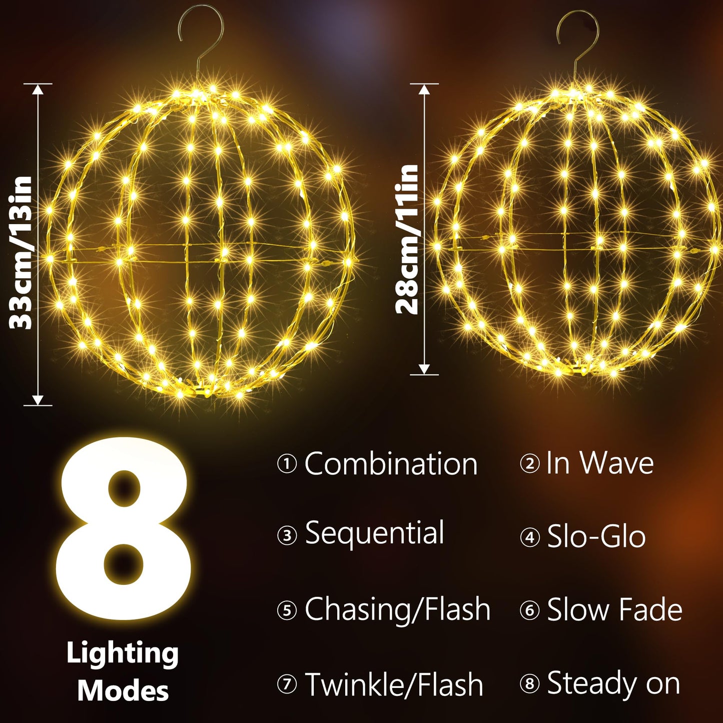 Flacchi Set Of 2 Christmas Hanging Ball Lights - 2 Sizes Of Connectable Hanging Tree Globe Fairy Lights With 8 Lighting Modes Timing Function Waterproof Indoor Outdoor (Warm White)