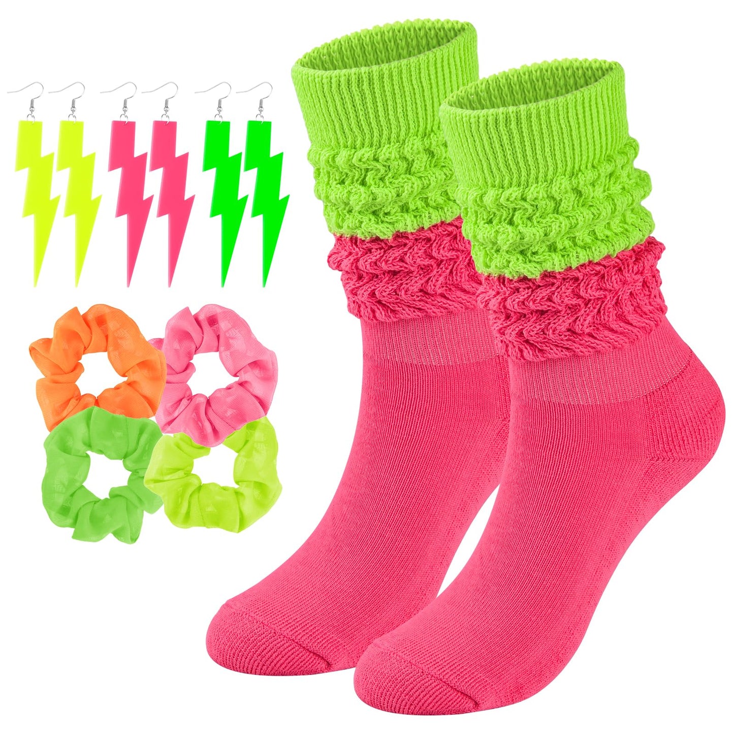 Neon Slouch Socks for Women, 80s 90s Scrunch Knee High Socks with Neon Earrings and Scrunchies for 80s 90s Party
