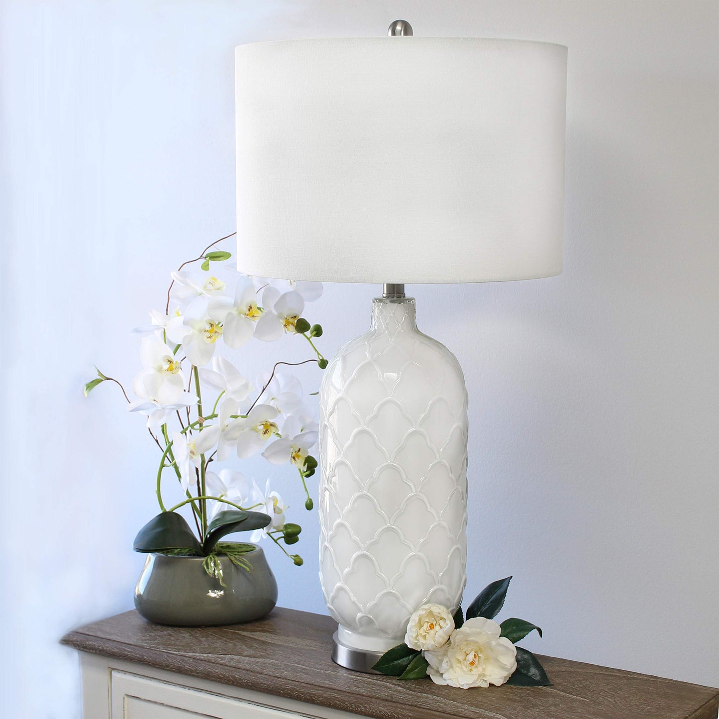 Elegant Designs Glass Table Lamp LT3322-WHT, White and Brushed Nickel Finish