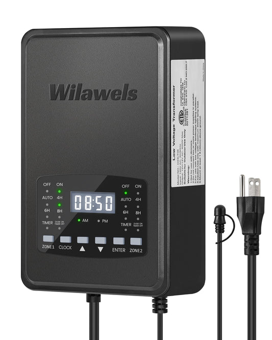 Wilawels 400W Low Voltage Landscape Transformer  2 Zone Independent Control Landscape Lighting Transformer  120Vac To 12/14V Ac Low Voltage Transformer With Timer & Photocell Sensor Etl Listed D23Lt06