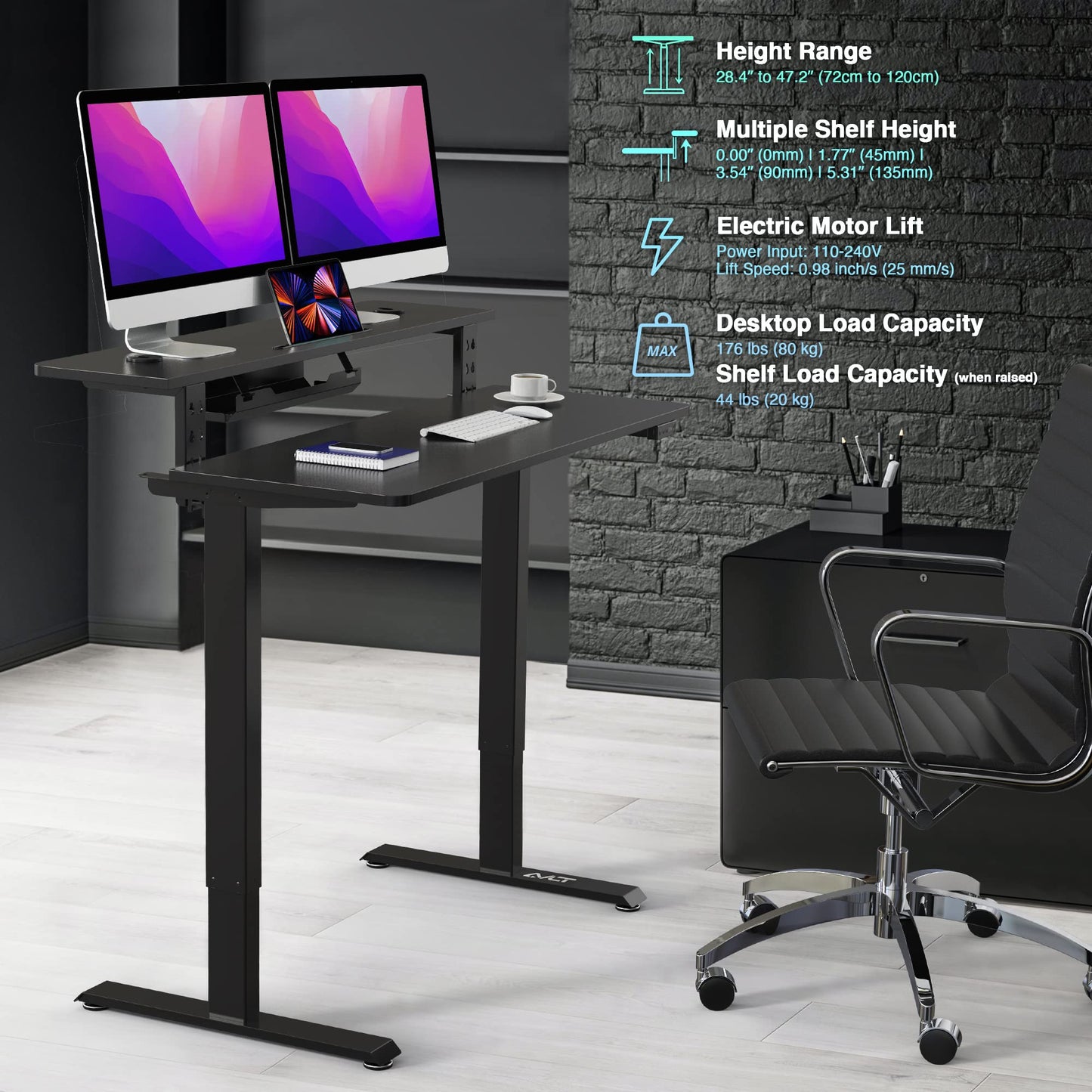 AVLT 47″ Electric Standing Desk with Dual-Tier Shelf & Tablet Holder – Height Adjustable Sit-Stand Desk for Home Office, Motorized Frame Supports 176 lbs (80kg), Includes Tabletops – Black