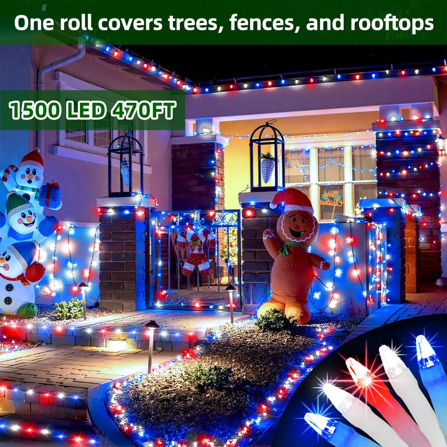 1500 Led Chrstmas Lights  470Ft Outdoor Christmas String Lights With 12 Modes  Red White And Blue Led String Lights With Timer Dimmable Waterproof For Tree Fence Garden Xmas Wedding Party Decor