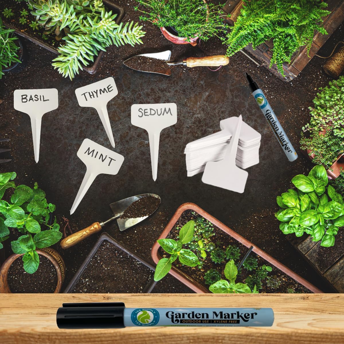 100 Pack T-Type Plant Labels for Seedlings with 2 Pack of Garden Marker Pens (Garden Markers Fade Resistant Plant Markers Outdoor Waterproof Pen Black Permanent Markers Plant Tags)