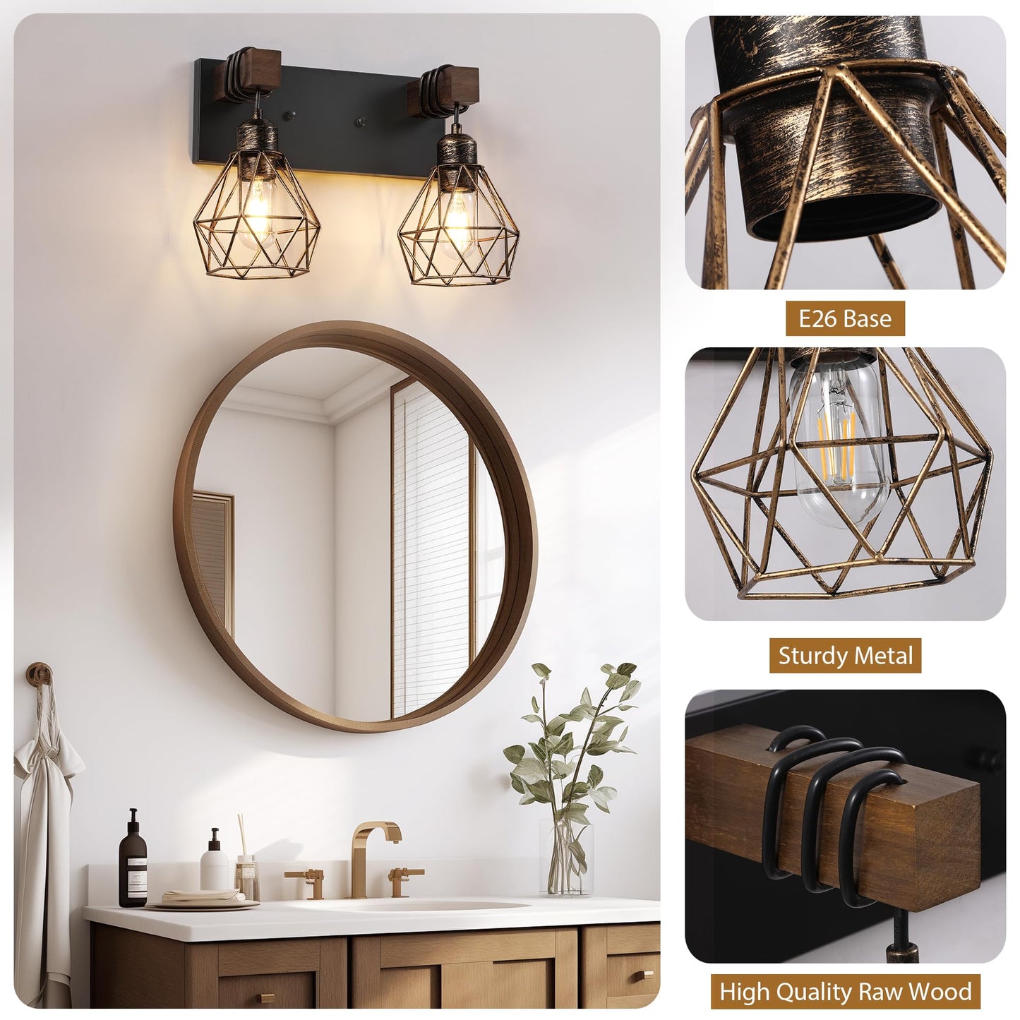 Farmhouse Vanity Light For Bathroom  2-Light Black Gold Wood Bathroom Vanity Light Fixtures Over Mirror  Rustic Sconces Wall Lighting With Metal Lampshade For Living Room  Bedroom  Hallway