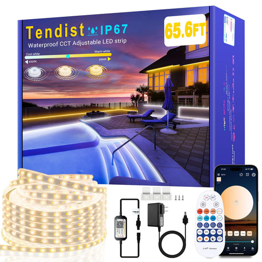 Tendist 65.6Ft Outdoor Led Strip Lights Waterproof Ip67  Dimmable 3000K-6500K Warm White Led Rope Lights Outdoor Waterproof With Remote & App  24V Adhesive Exterior Lighting For Patio  Deck  Gazebo