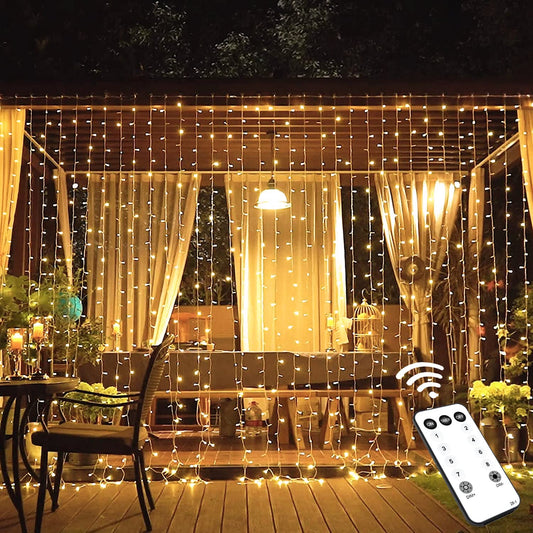 JMEXSUSS 600 LED Curtain String Lights, Warm White, 19.6x9.5ft, Indoor/Outdoor, Remote Control, 8 Modes for Bedroom, Wedding, Party Decorations