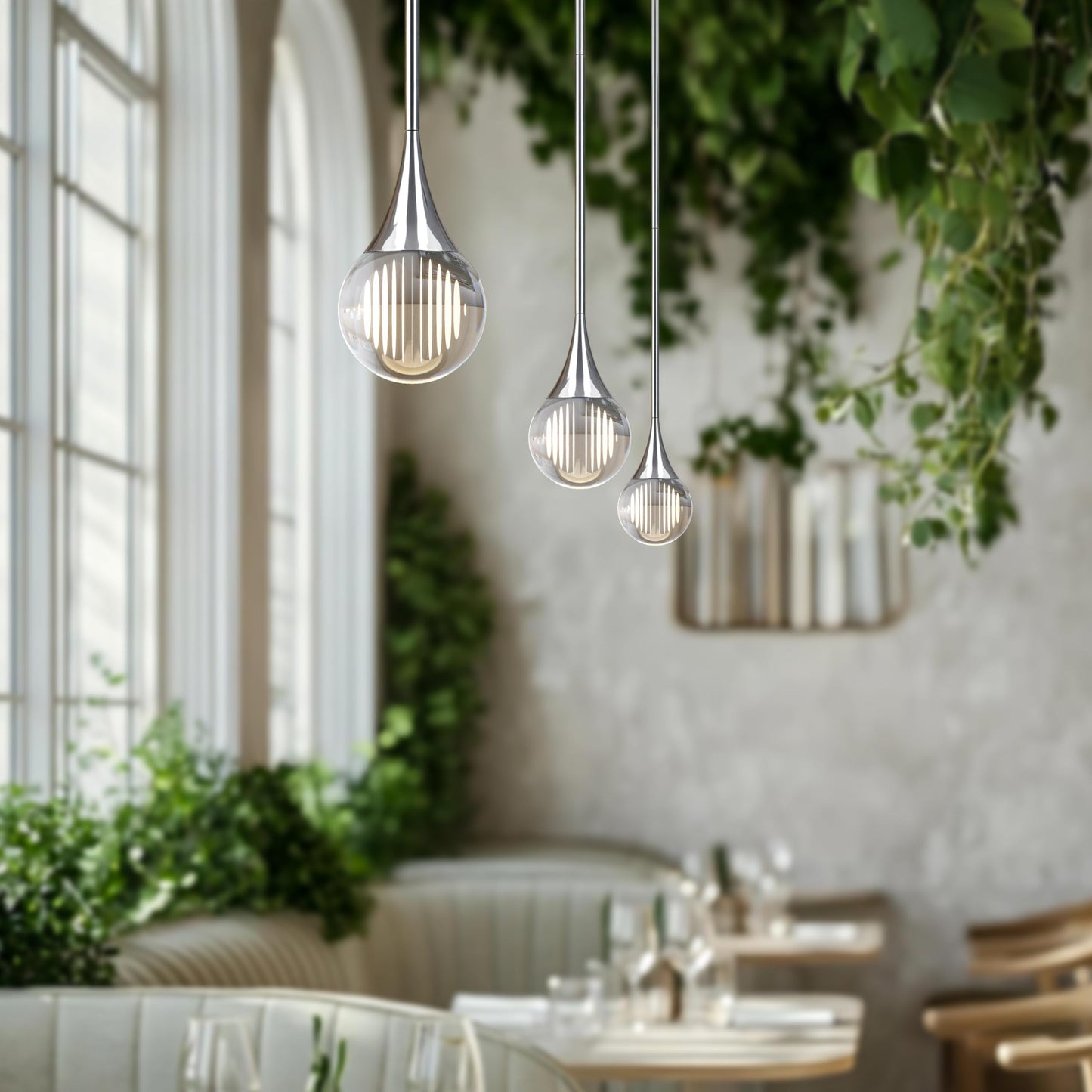 3-Pendant Lights Kitchen Island  Chrome Silver Globe Crystal Ceiling Hanging Light Fxitures  Led Light Fixtures Metal Rod Ceiling Glass Pendant Lighting For Kitchen Island Dining Room Bar
