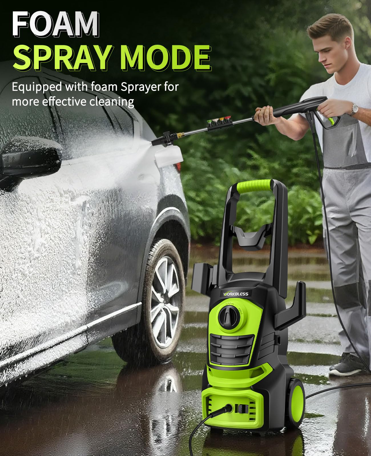 WorkBless Electric Pressure Washer, 1700 PSI Max 1.3 GPM Power Washer with 3 Nozzles, High Pressure Washer with Foam Cannon for Car, Driveway, Patios