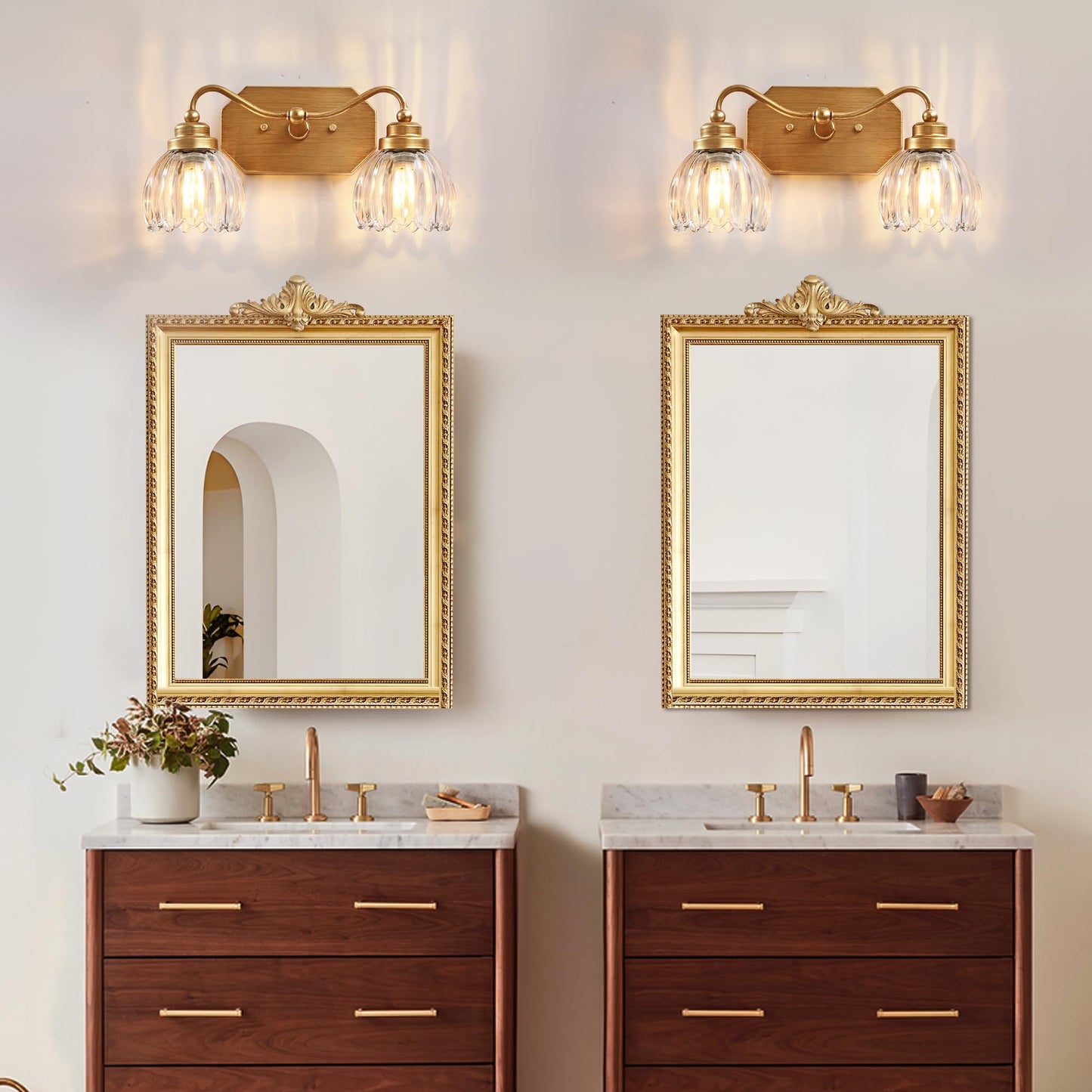 Cmnvmn Vintage Bathroom Light Fixtures  2 Light Gold Bathroom Vanity Light  Matte Antique Brass Finish With Crystal Glass Shade  Wall Sconces Lighting For Bedroom  Living Room  Hallway