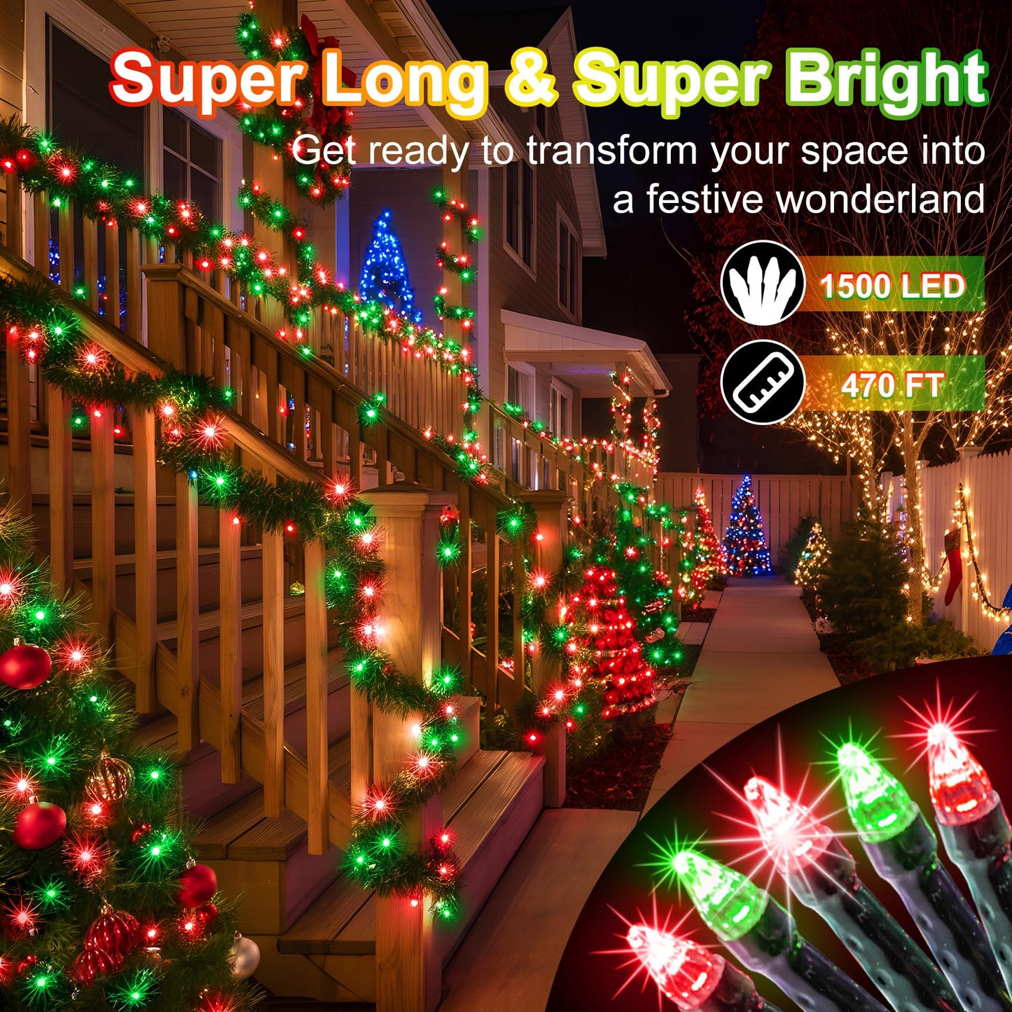 1500 Led 470Ft Christmas String Lights Outdoor  12 Pro Modes And Timer Memory & Brightness  Plug In Waterproof Dark Green Wire Twinkle Light For For Xmas Yard Tree Wedding Party Decor (Red & Green)