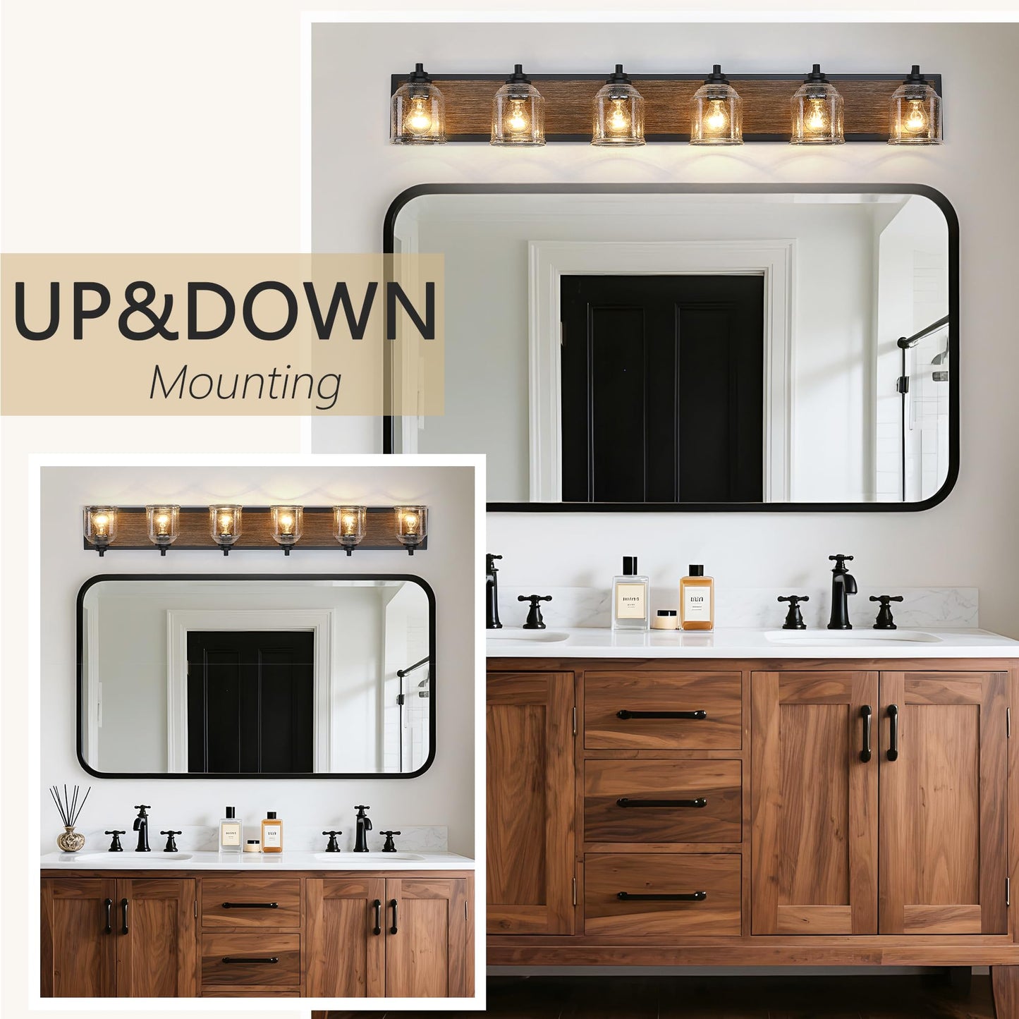 Yklitg Vanity Lights For Bathroom Large 48 Inch  Farmhouse Rustic Vanity Light With Bubble Glass Shades  Brown 6 Light Bathroom Lighting Fixtures Over Mirror  Bath Wall Sconce Home Decor