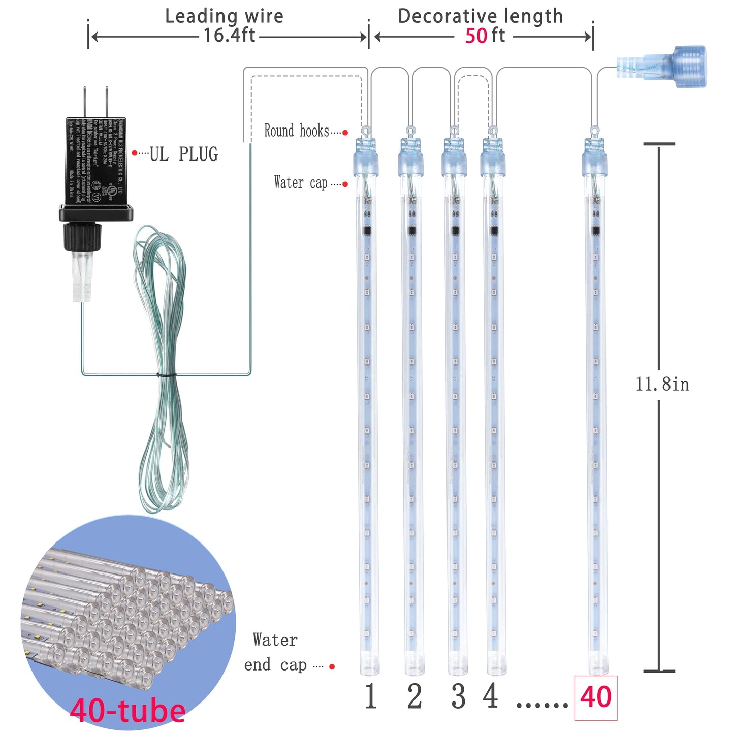 Purtuemy Blue Christmas Icicle Lights Outdoor: 40 Tube(Equivalent To 5 Sets Of 8-Tubes) Meteor Shower Rain Lights - Waterproof Christmas Halloween Decorations For Yard Outside Tree Roof  Ul Plug