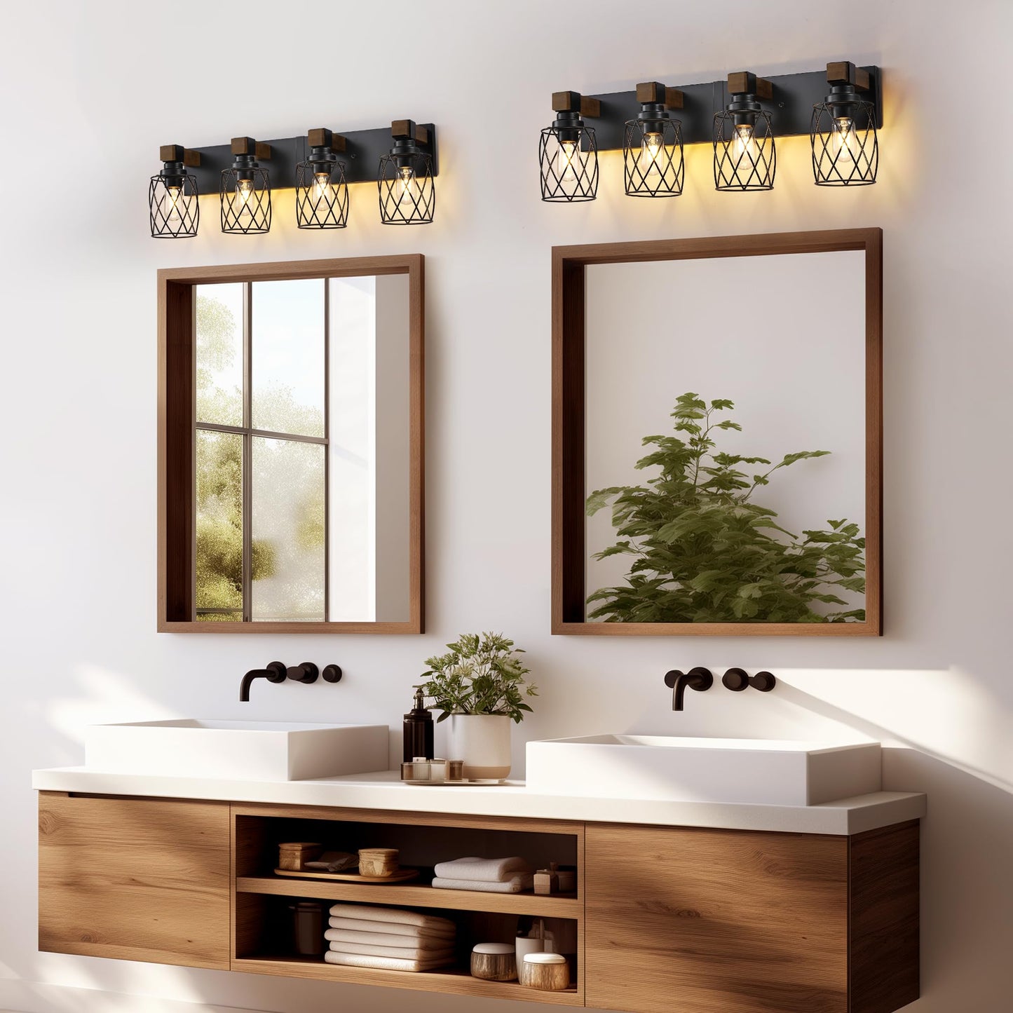 Xvmbvm Farmhouse Bathroom Vanity Light  4-Light Wood Bathroom Light Fixtures Over Mirror  Black Industrial Vanity Lights With Metal Shade  Rustic Bathrooms Lighting For Living Room  Bedrooms  Hallway