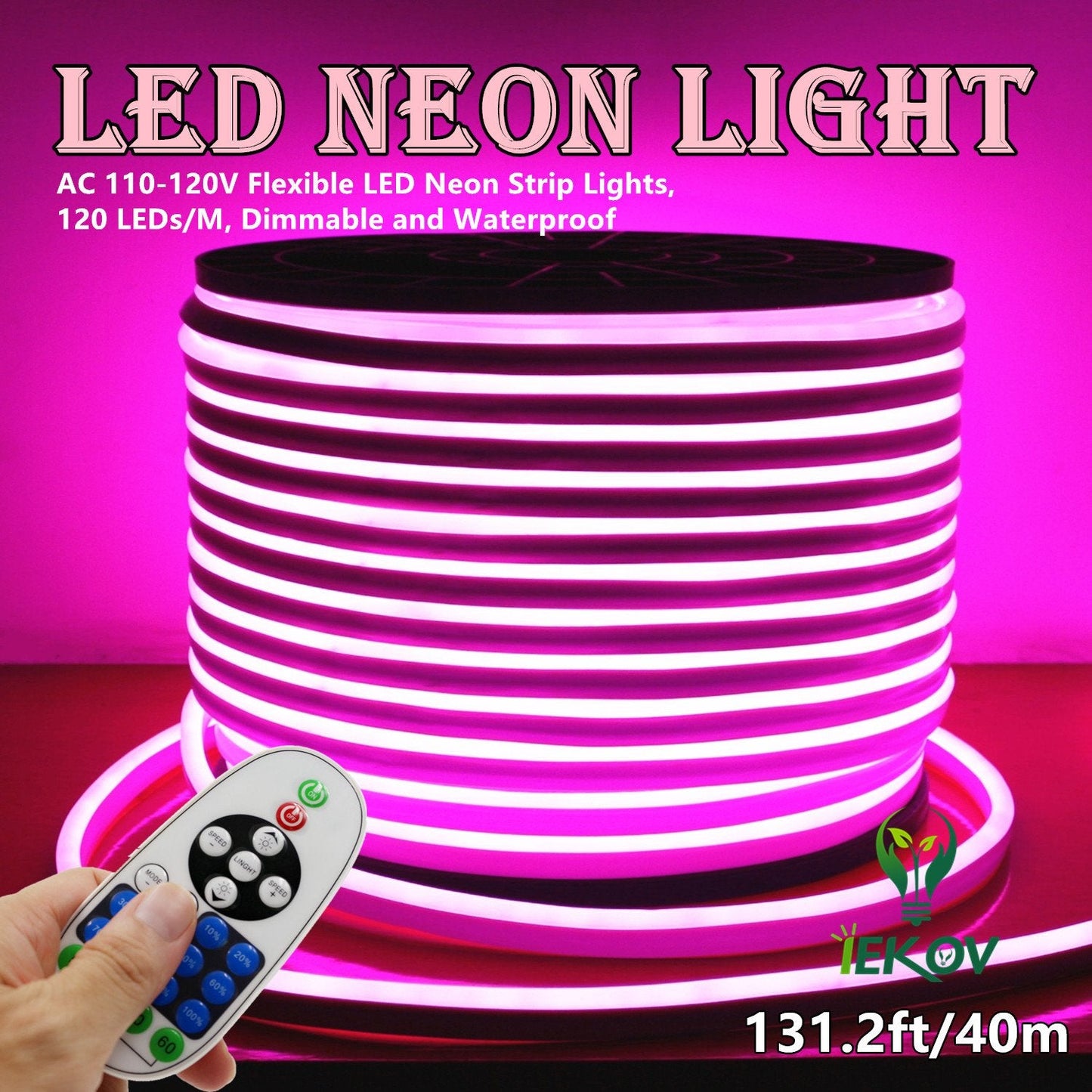 IEKOV LED Neon Light - Dimmable Waterproof 2835 SMD Strip, 40m (131.2ft), Pink, Model: NEON LIGHT-P-40M