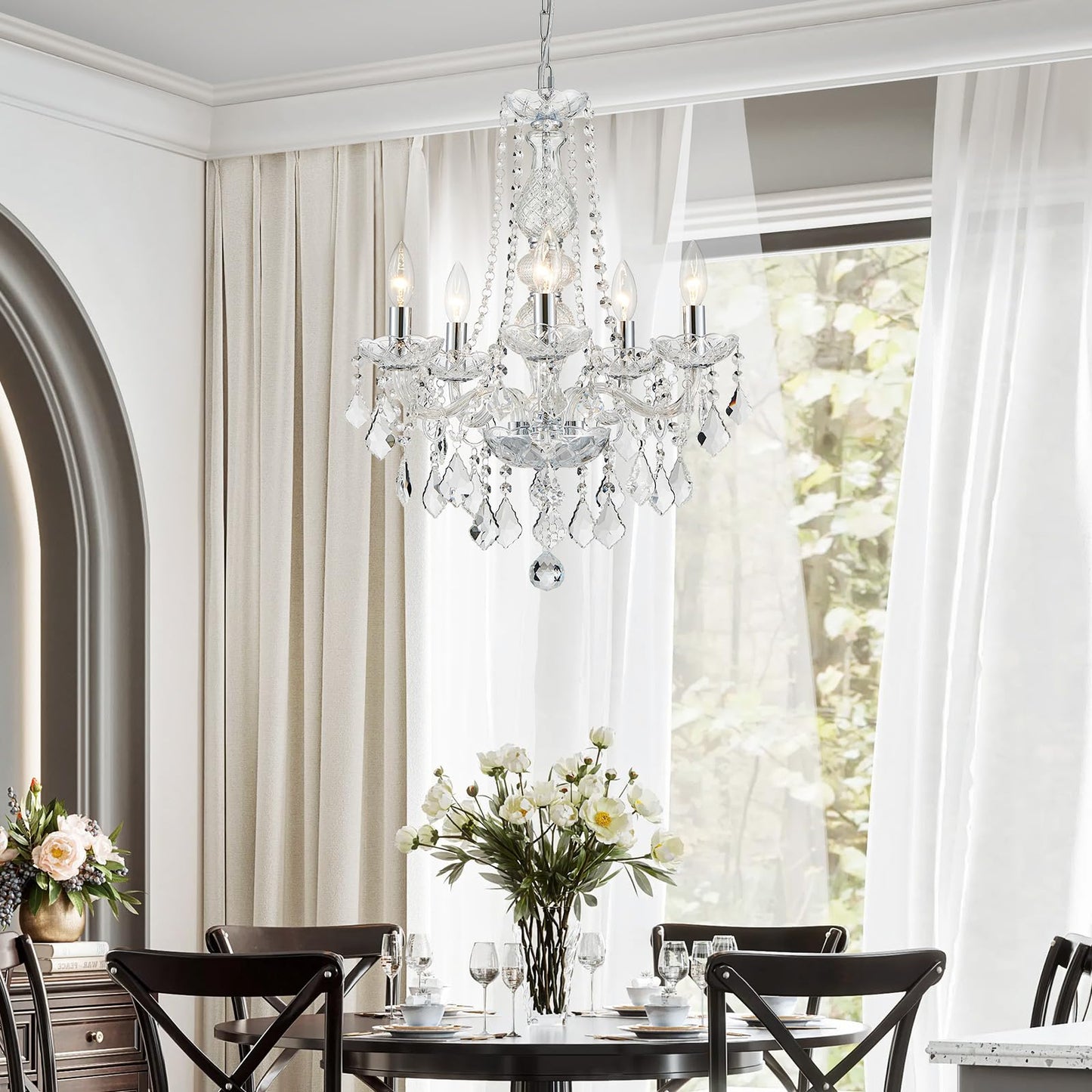 Wuzups 5-Light Crystal Candle Chandelier Pendant Ceiling Light Modern Lighting Fixture For Bedroom Hallway Bar Kitchen Bathroom  H 25 W 20  E12 Base  Chrome
