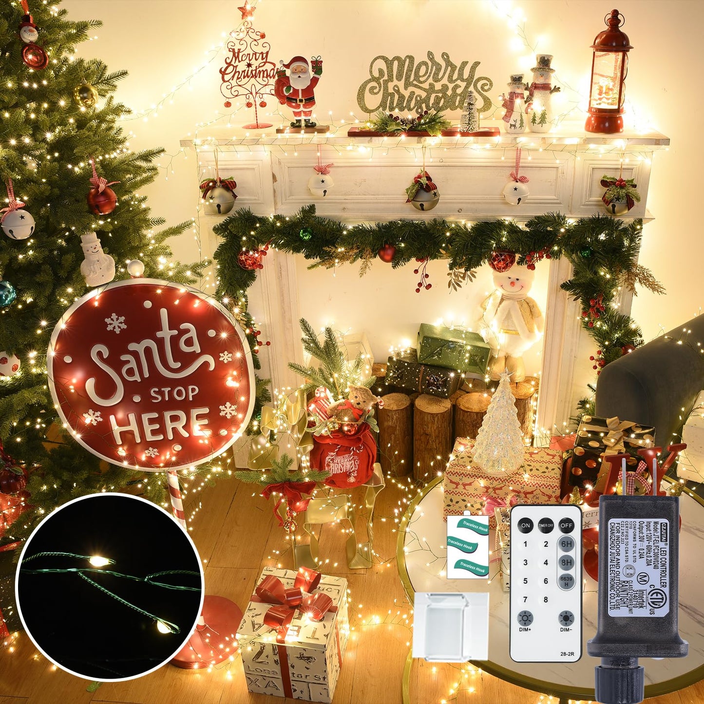 Lycklig Fairy Lights Plug In 195Ft 3000Led Warm Christmas Garland Lights With Timer Remote Waterproof Fire er Twinkle Cluster String Light For Bedroom Wreath Party Wreath Tree Decor Green Wire