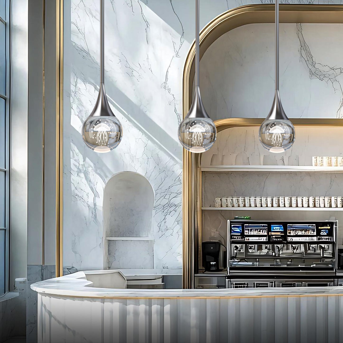 3-Pendant Lights Kitchen Island  Chrome Silver Crystal Globe Ceiling Hanging Light Fxitures  Led Lamp Metal Rod Ceiling Jellyfish Pendant Lighting For Kitchen Dining Room Bar