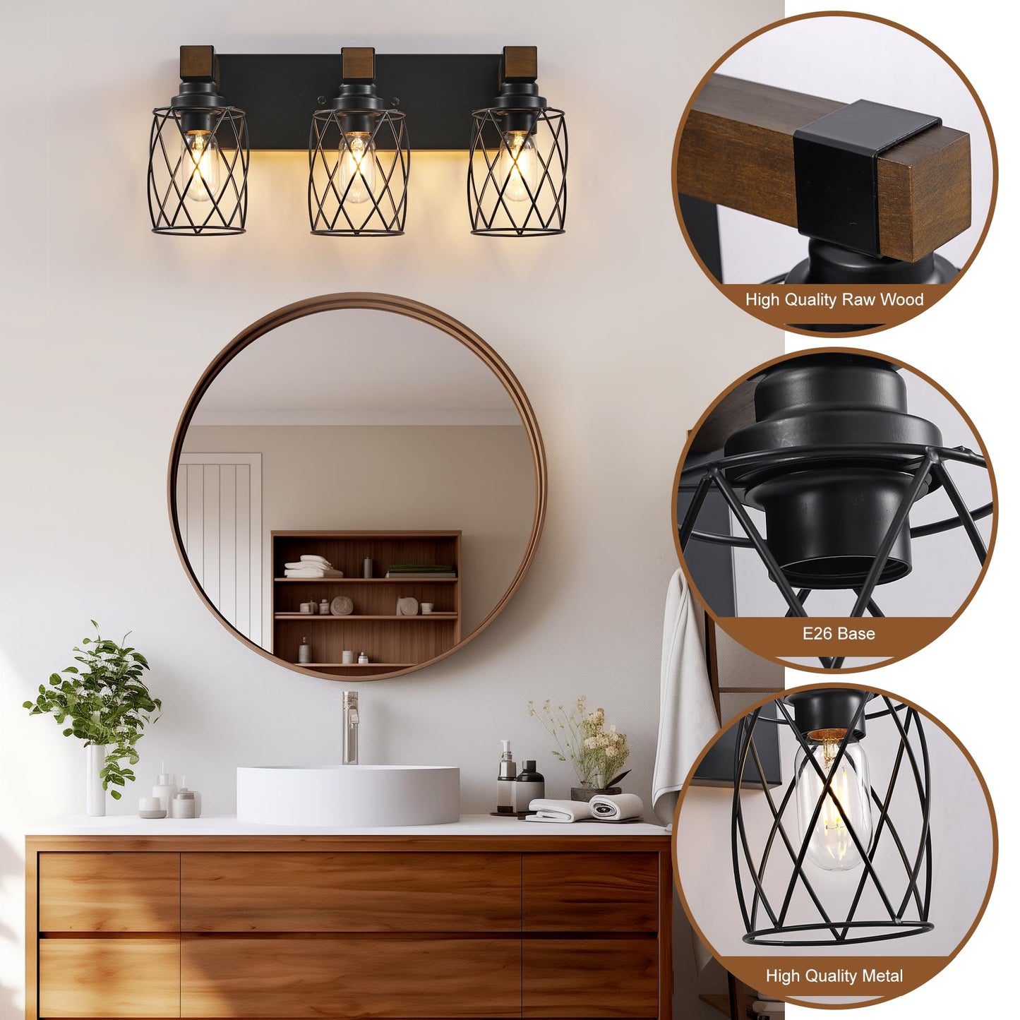 Xvmbvm Farmhouse Bathroom Vanity Light  3-Light Wood Bathroom Light Fixtures Over Mirror  Black Industrial Vanity Lights With Metal Shade  Rustic Bathrooms Lighting For Living Room  Bedroom  Hallway