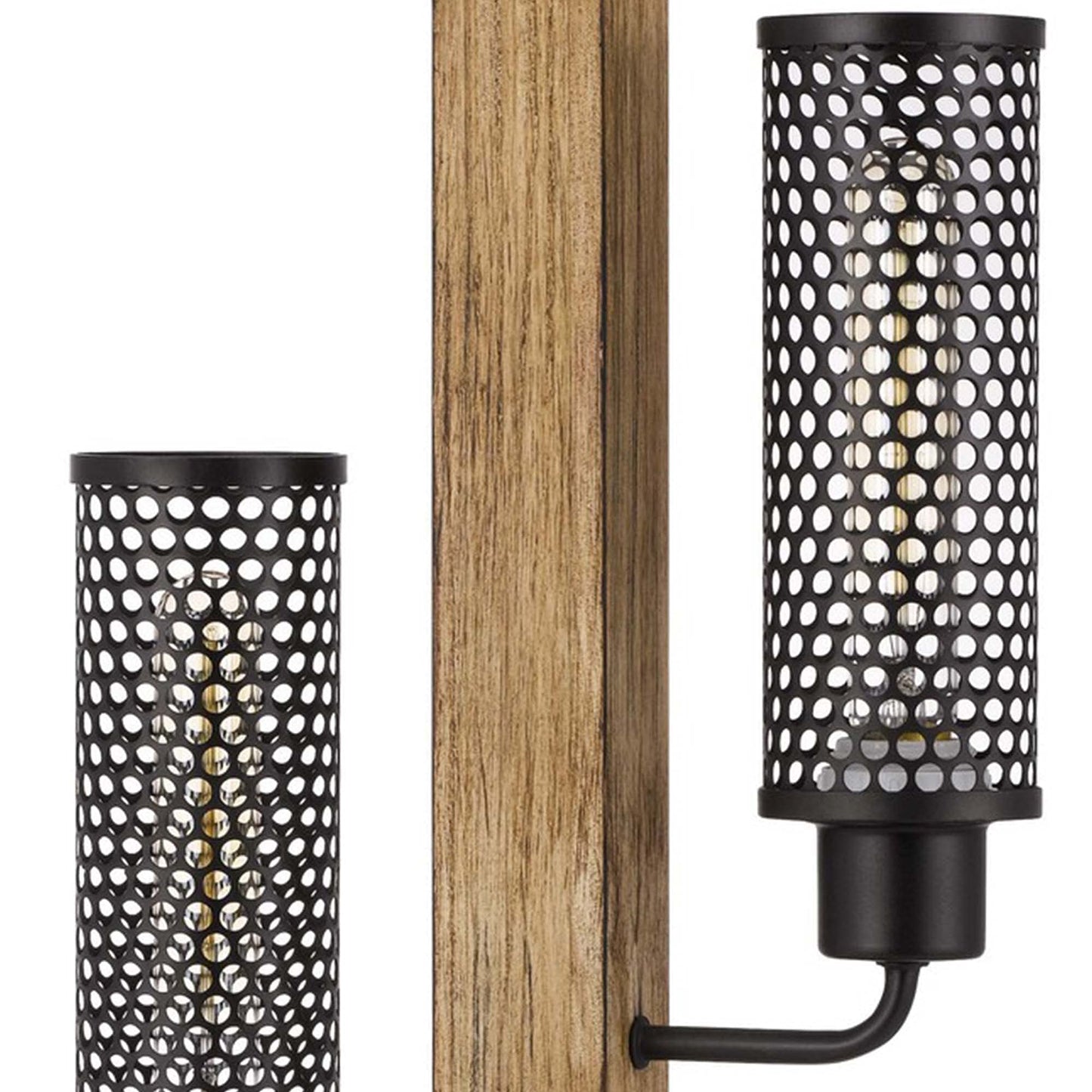 Benzara Wooden Table Lamp with 2 Metal Mesh Shades, Model BM241805, Brown and Black