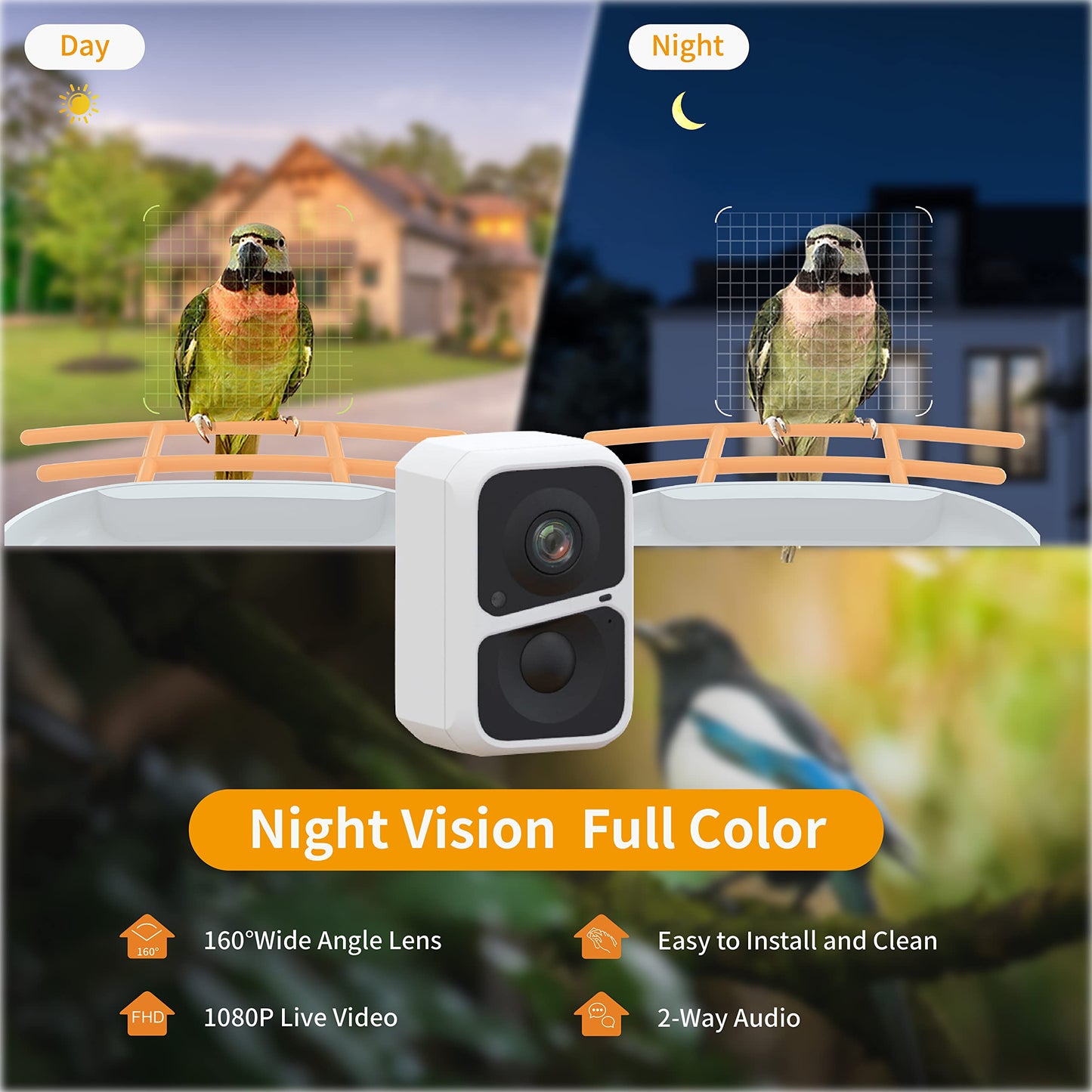 PAXI DAYA Solar Powered AI Window Bird Feeder with 2MP Camera Weatherproof Smart Outdoor Decor Metal Feeder for Birds Pack of 1 Orange
