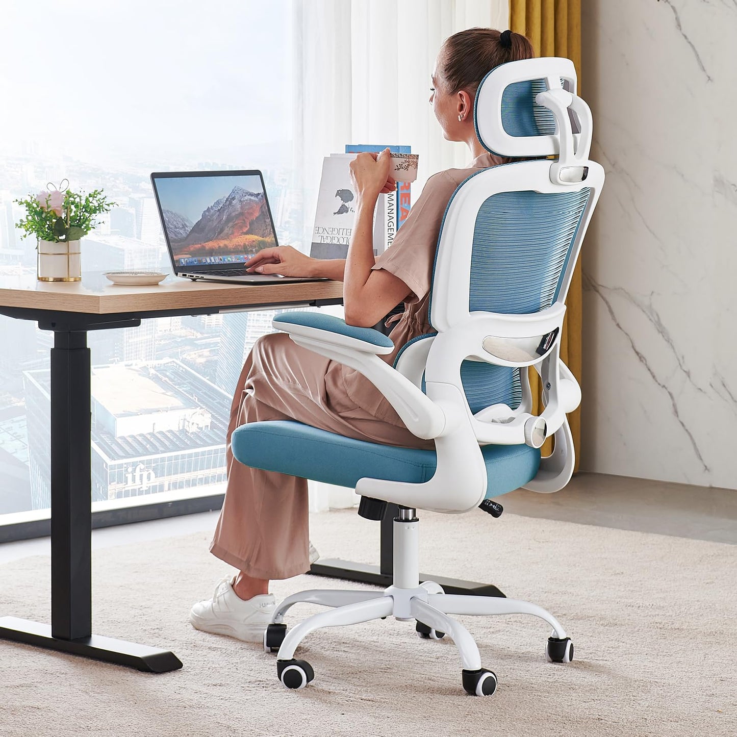 TRALT Office Chair Ergonomic Desk Chair, 330 LBS Home Mesh Office Desk Chairs with Wheels, Comfortable Gaming Chair, High Back Office Chair for Long Hours (Sky Blue)
