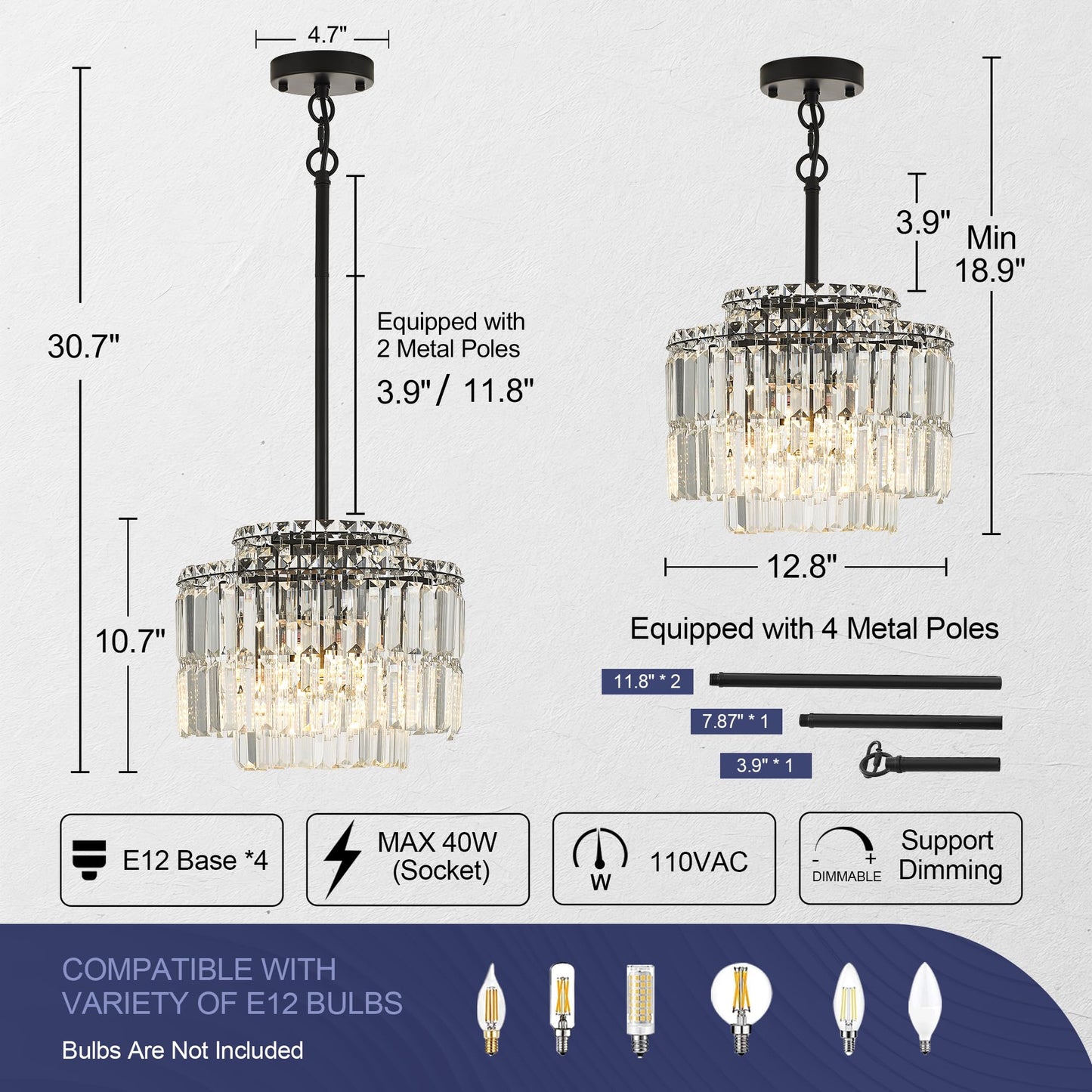 Lighceac Modern 12.8 Black Crystal Chandelier Ceiling Light Fixtures For Dining Room stylish Glam 4-Light Crystal Chandeliers Lighting For Bedroom Entryway Hallway Living Room Kitchen Island Foyer