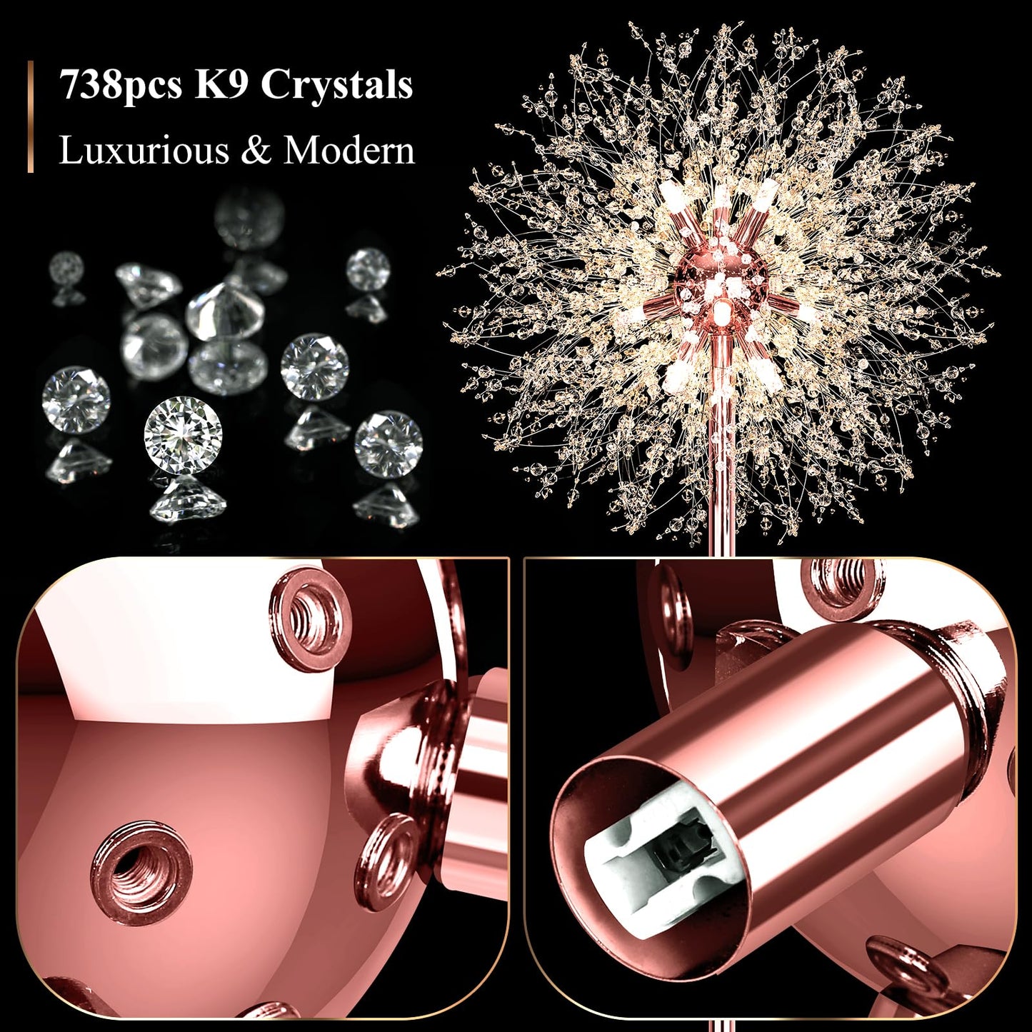 Beslowe 69 Crystal Floor Lamp For Living Room  Modern Standing Lamp With 738Pcs K9 Crystals  Tall Lamp Pole Light For Bedroom Office  Mid Century Floor Lighting With 9 Led Bulbs  Rose Gold