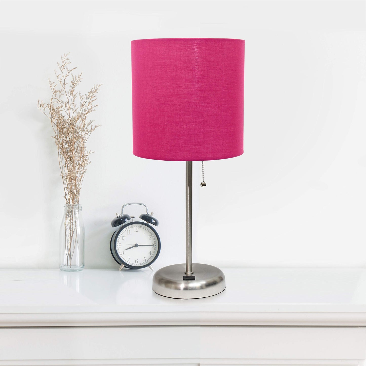 Simple Designs LC2002-PNK-2PK Brushed Steel Table Lamp Set with USB Port, Pink Fabric Shades, 2 Pack