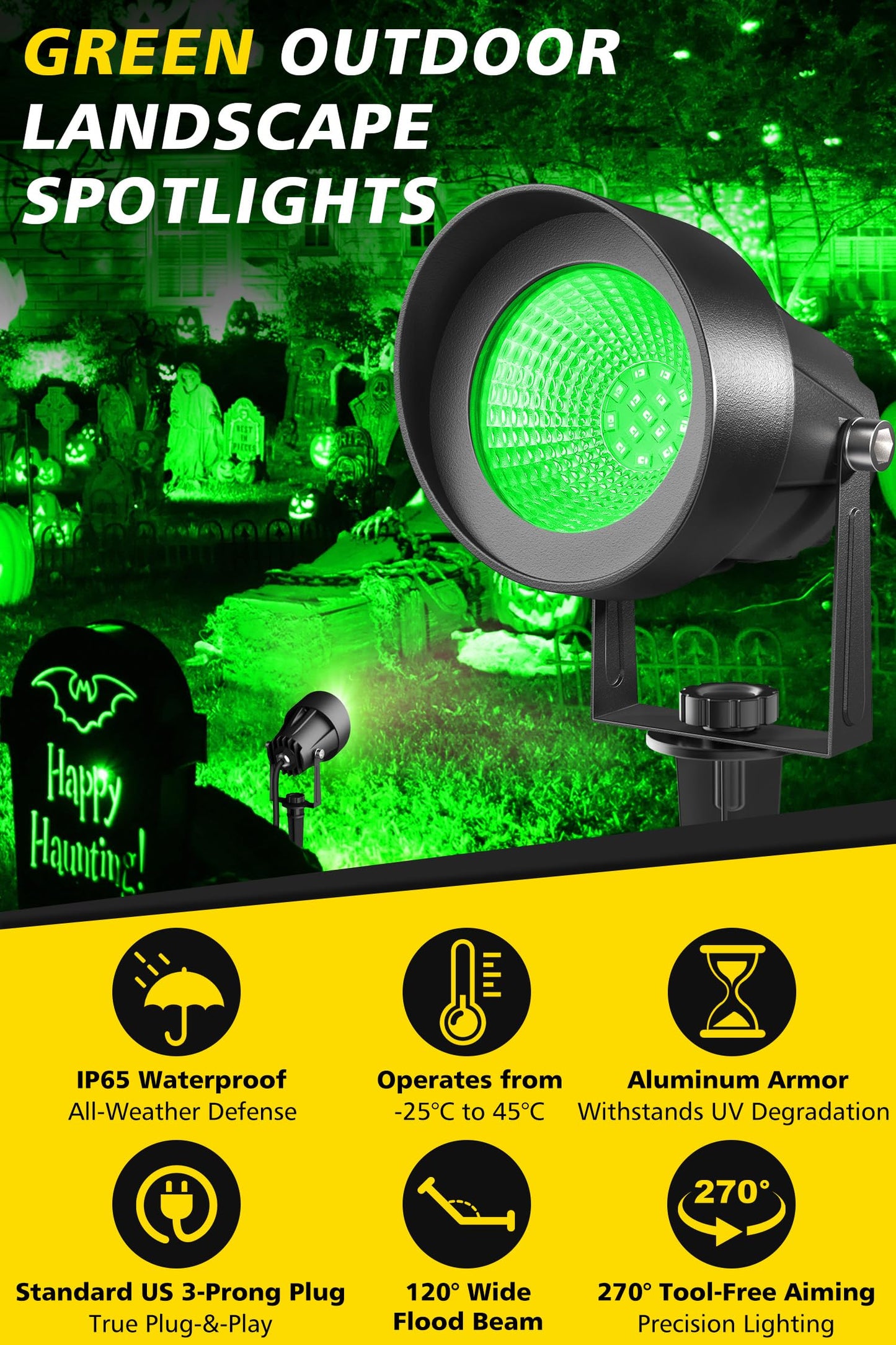 T-Sun Christmas Green Spotlight Outdoor  Waterproof Led Landscape Lighting With Us Plug  Easy Install 270?Adjustable Outdoor Spot Lights For Garden Tree Yard Decor