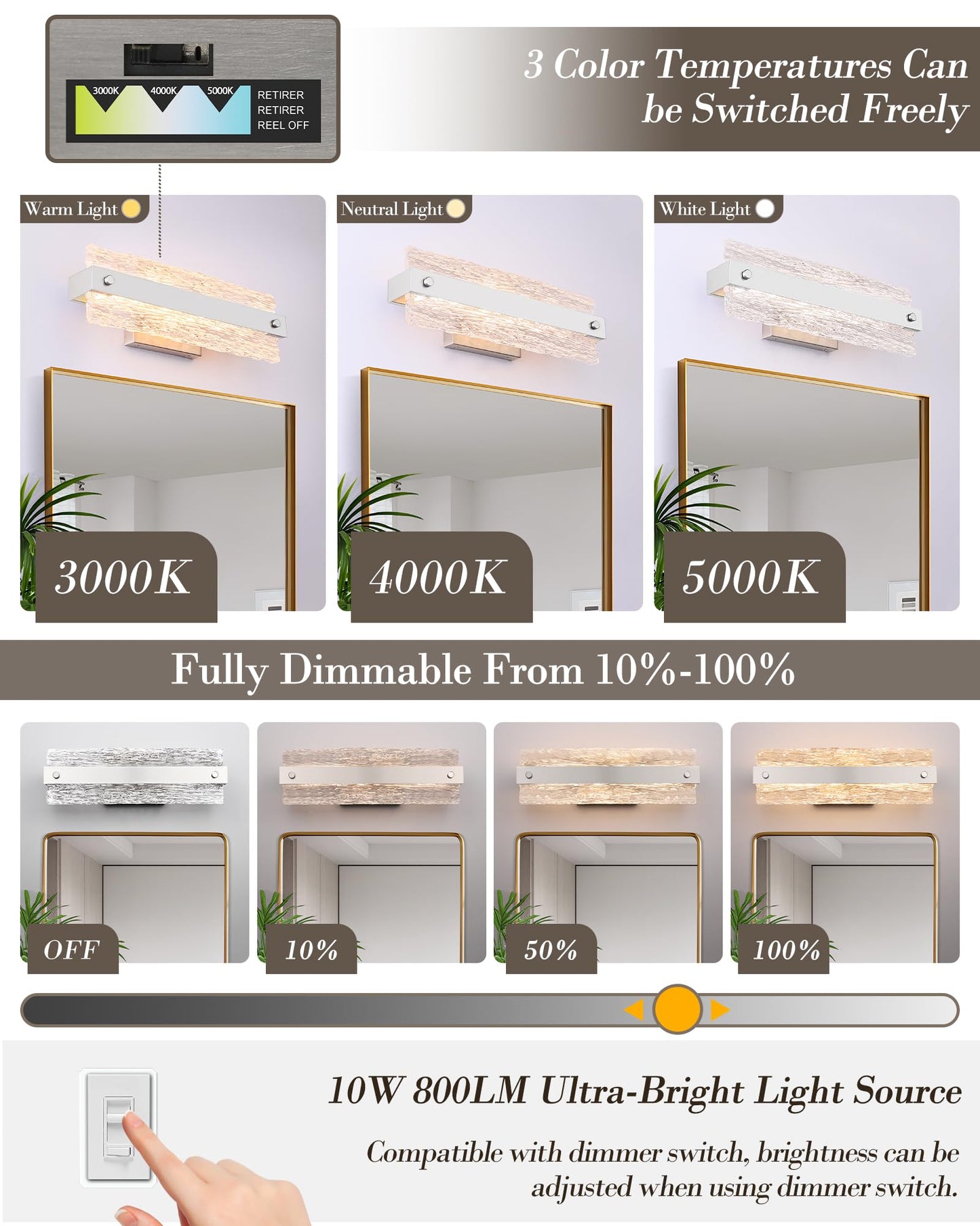 Osimir Brushed Nickel Bathroom Vanity Light  16.5 Inch 10W Dimmable Led Bathroom Light Fixture Over Mirror  Modern Crystal Bar Wall Sconce Lighting For Bath  3Cct  Os-Mm5001-2Bn