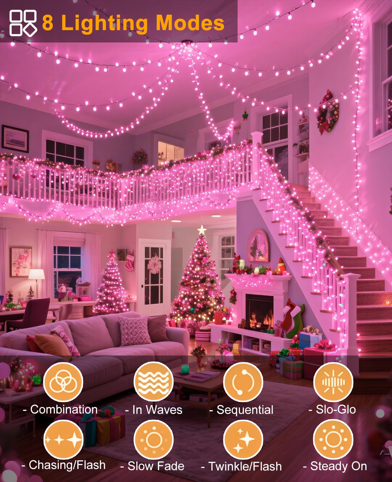 197Ft 600 Led Christmas Lights Outdoor  Plug In Christmas Tree Lights 8 Modes  Waterproof Green Wire String Twinkle Lights For Indoor House Patio Garden Party Wedding Holiday Decorations  Pink