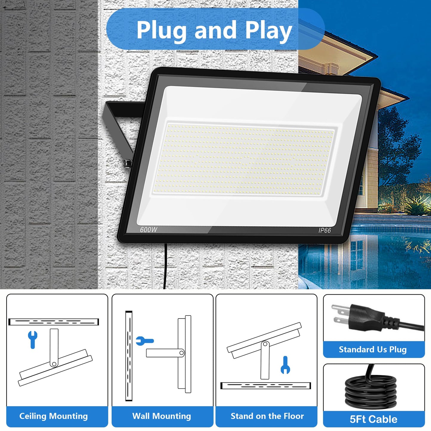 2 Pack 600W Led Flood Lights Outdoor (3000W Equivalent)  66000Lm 6000K Daylight White Super Bright Security Arena Light With Plug  Ip66 Waterproof Commercial Lighting For Yard  Courts  Stadium